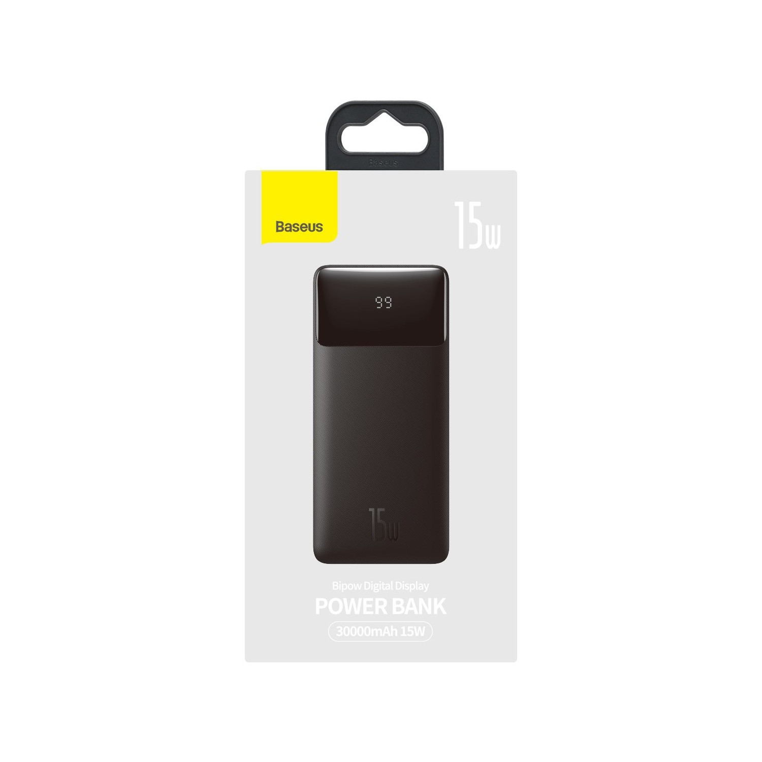 Power bank in confezione. Il power bank è nero con display digitale.