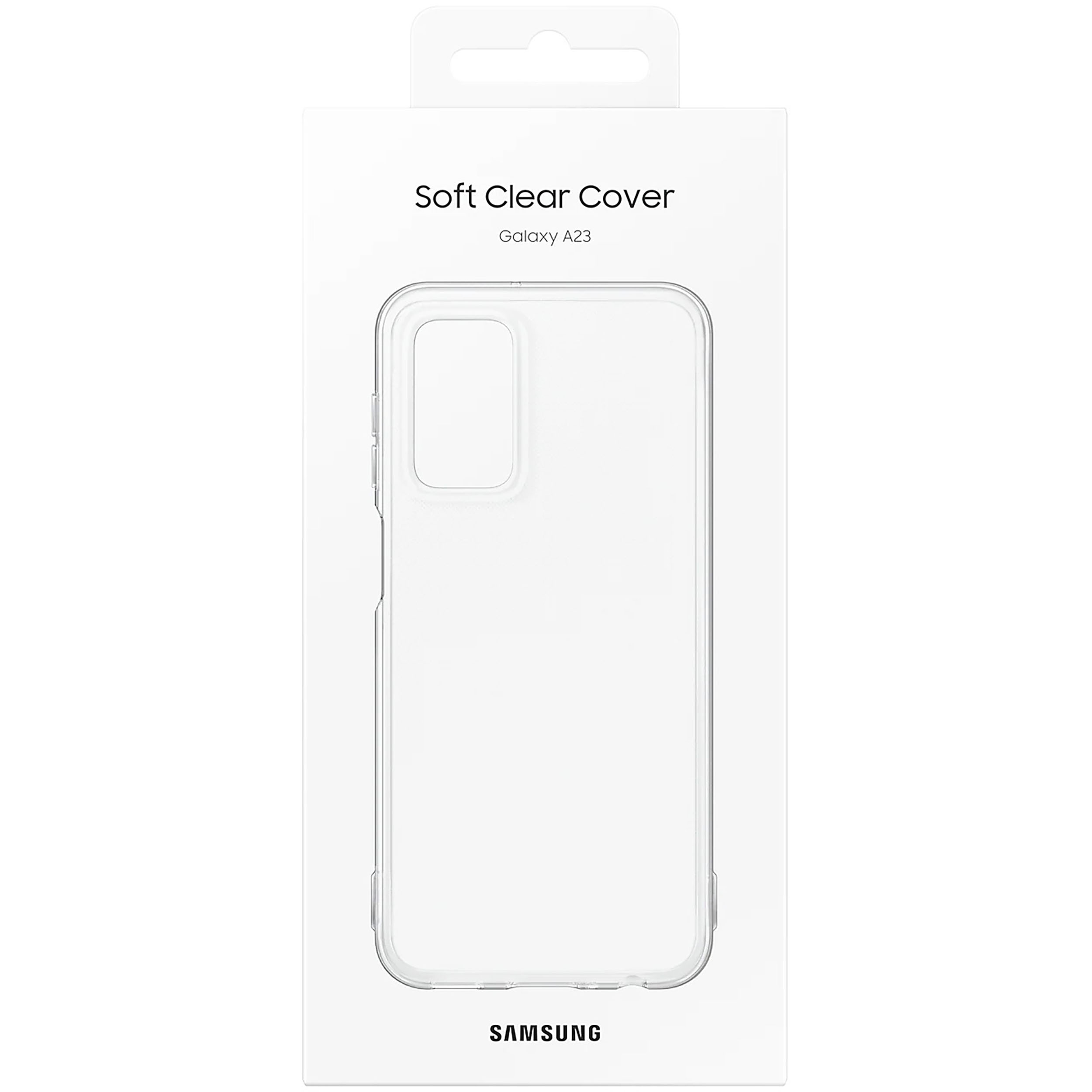 Funda transparente para teléfono en una caja blanca. La funda es para un Galaxy A23. La caja dice 'Soft Clear Cover'.