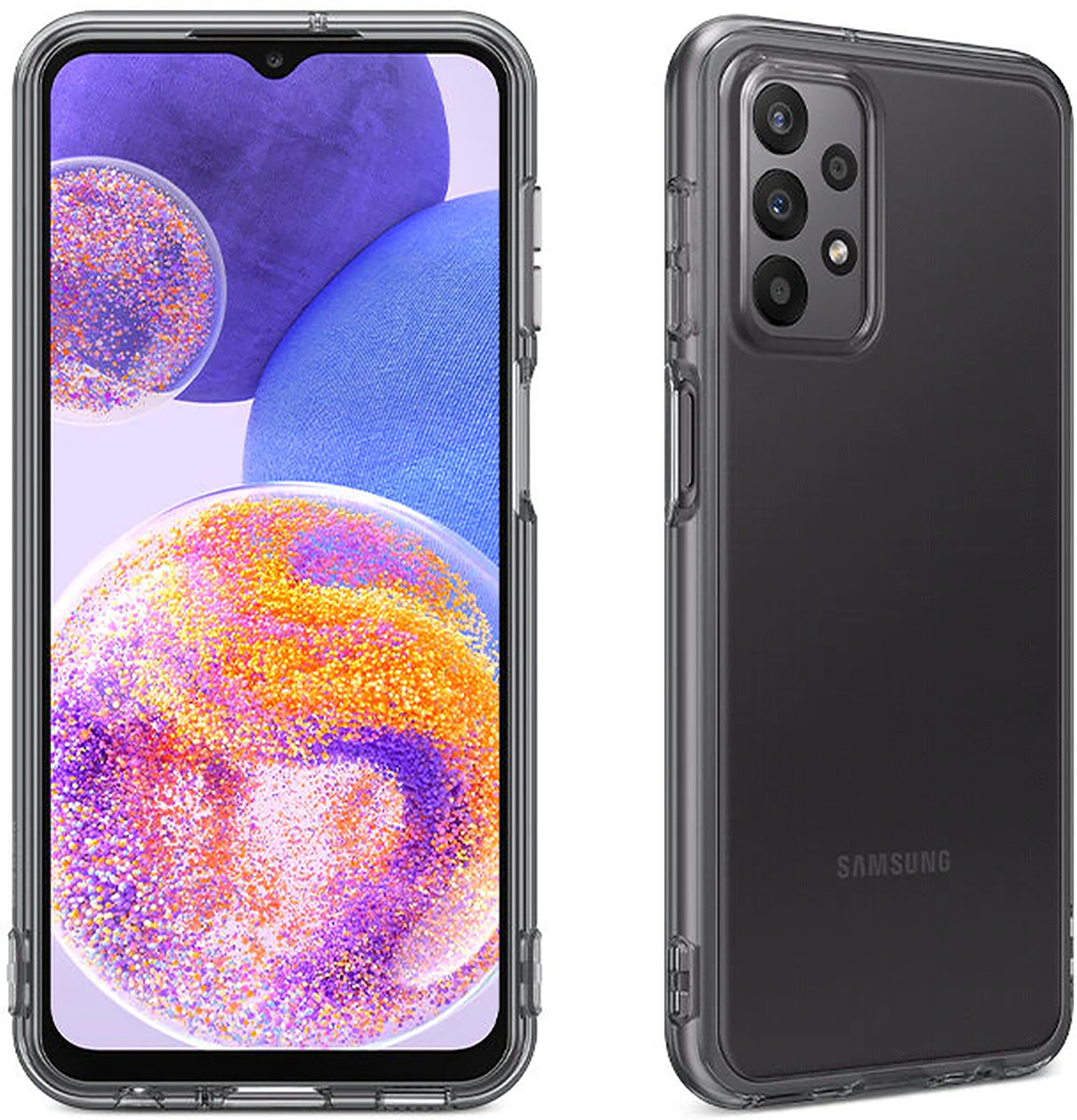 Dos vistas de un teléfono en una funda transparente. El teléfono es negro.
