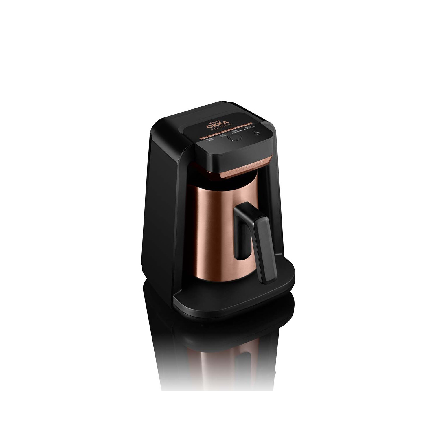 Türkische Kaffeemaschine in Schwarz und Bronze. Der Griff ist schwarz. Der Korpus ist schwarz und bronze.