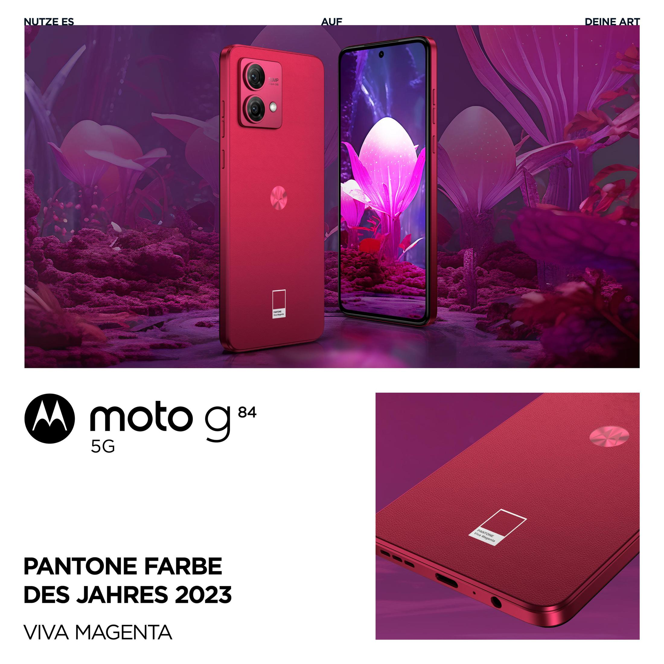Czerwony telefon Moto g84 5G ze zdjęciami i tekstem, w tym kolorem Pantone roku.