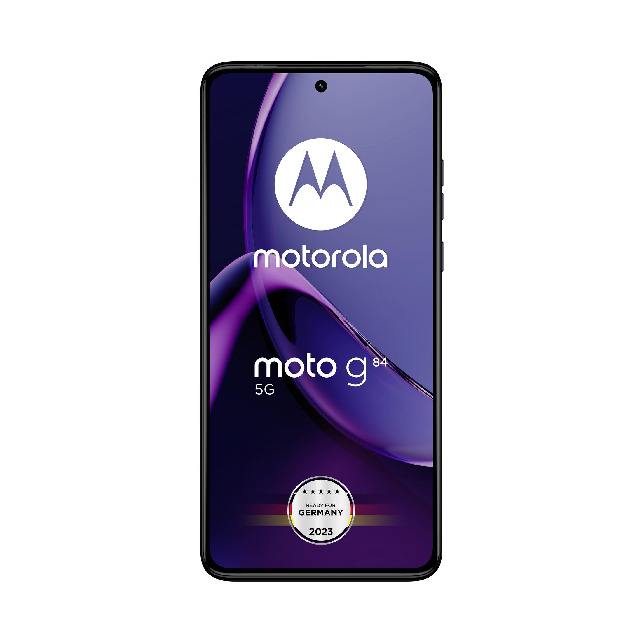 Smartfon Motorola Moto g84 5G, widok pionowy. Fioletowy gradient na ekranie.