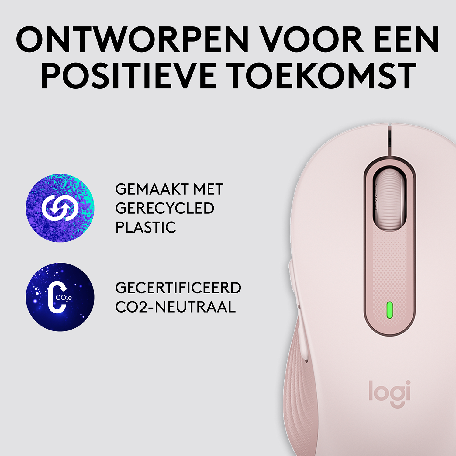 Różowa mysz komputerowa. Widoczny tekst i ikony dotyczące plastiku z recyklingu i certyfikacji neutralnej dla CO2.