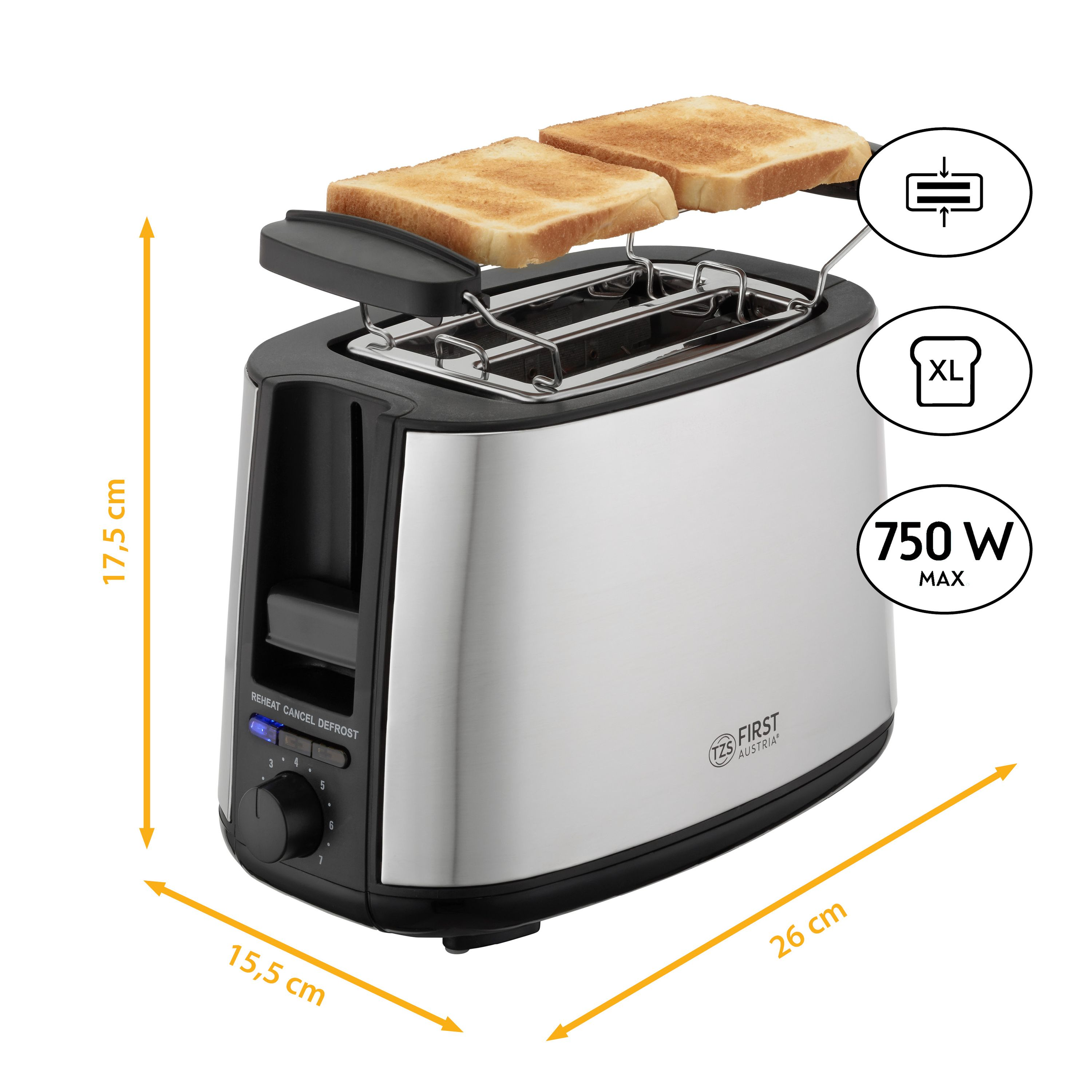 Silberner Toaster mit zwei Toastscheiben. Abmessungen und Leistung in Watt sind angegeben. Er hat einen Drehregler.