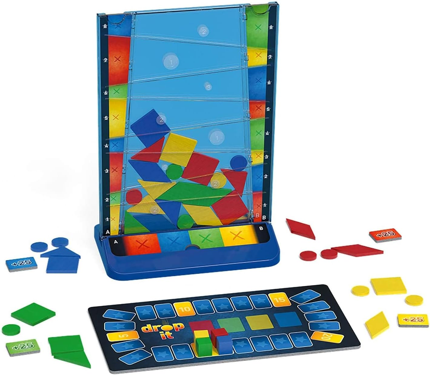 Ein Drop It-Spiel mit Teilen und einem Spielbrett. Das Spiel besteht aus bunten geometrischen Formen.