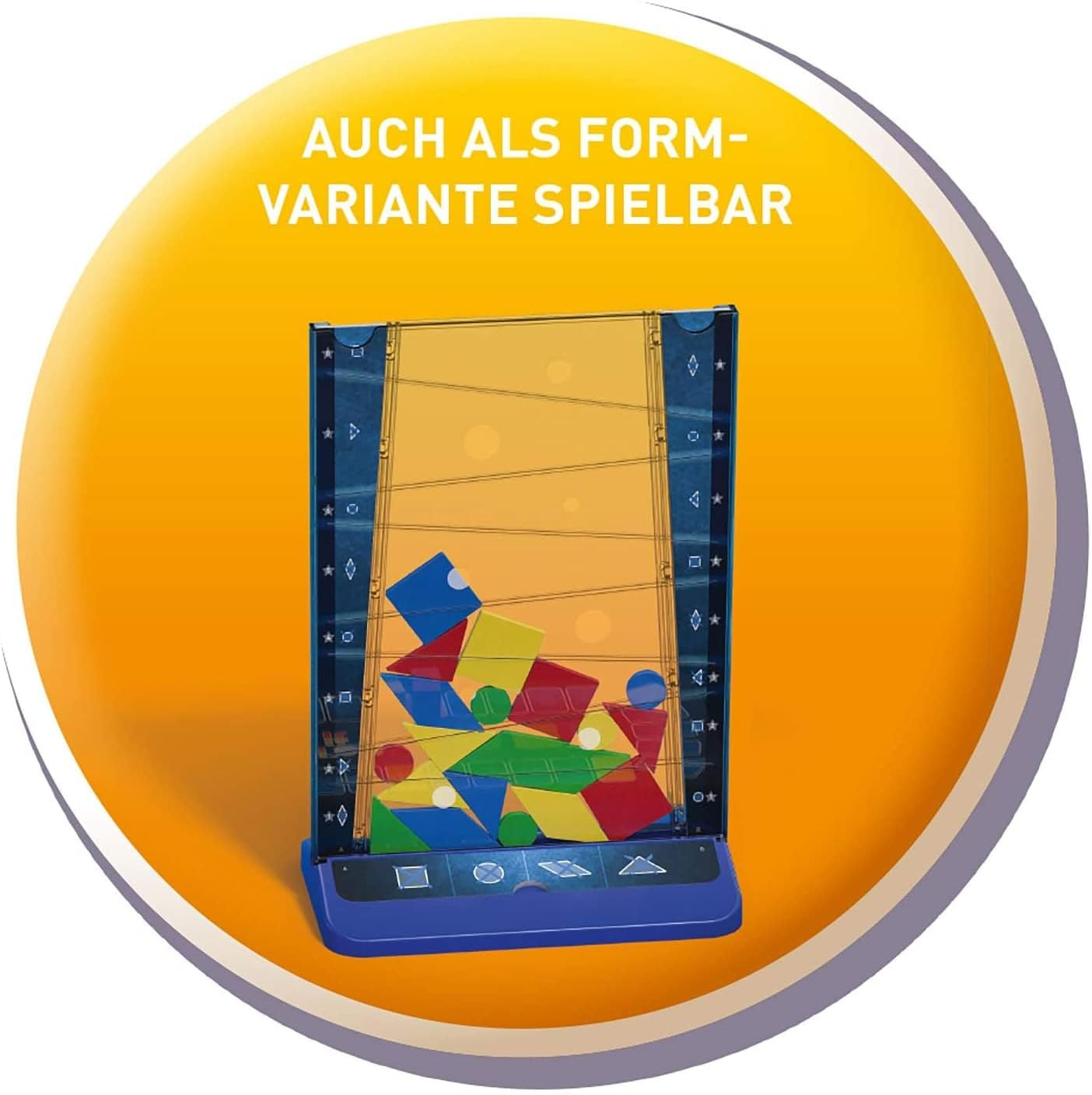 Ein Drop It-Spiel mit bunten geometrischen Formen im Spiel, mit einem gelben Kreis darum.