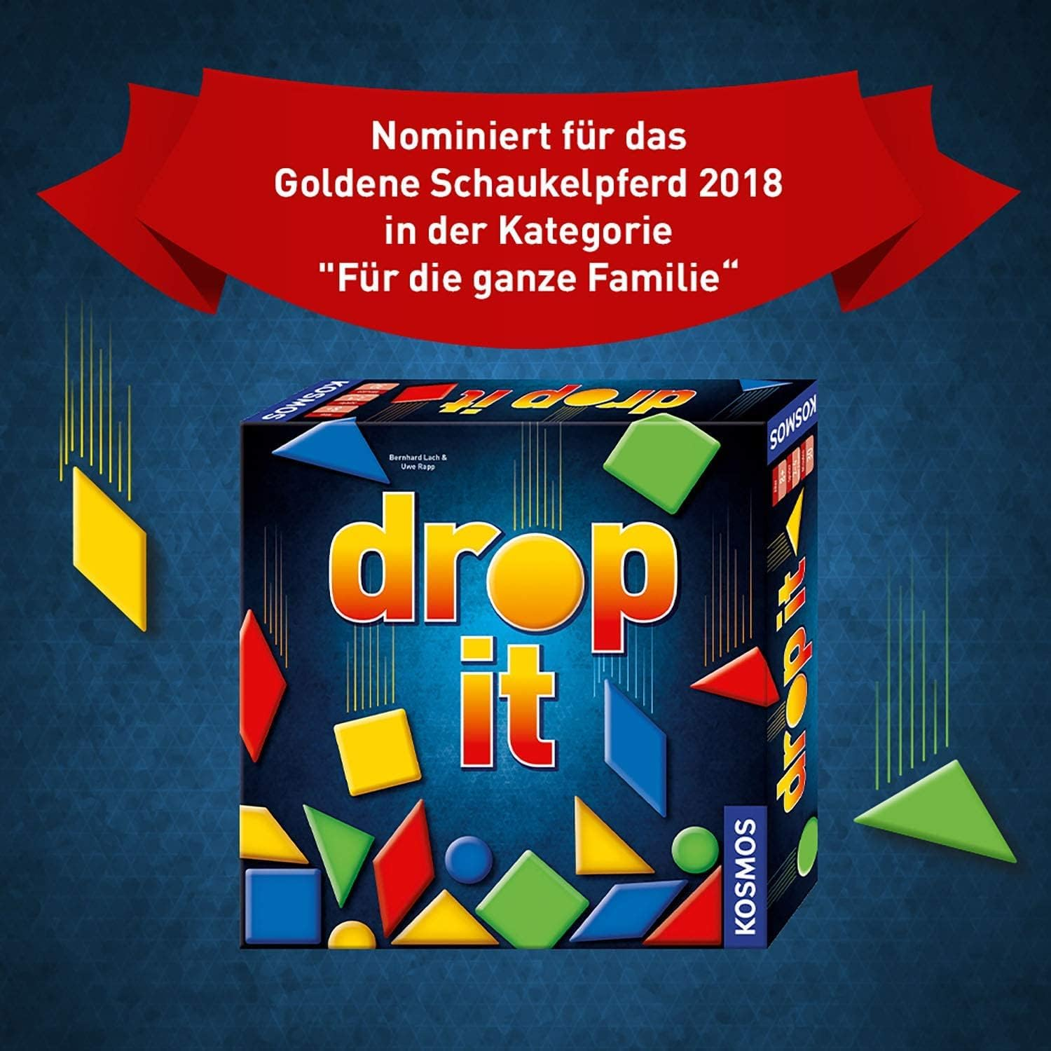 Brettspiel 'drop it' mit bunten Formen. Rotes Banner oben. Dunkelblauer Hintergrund.