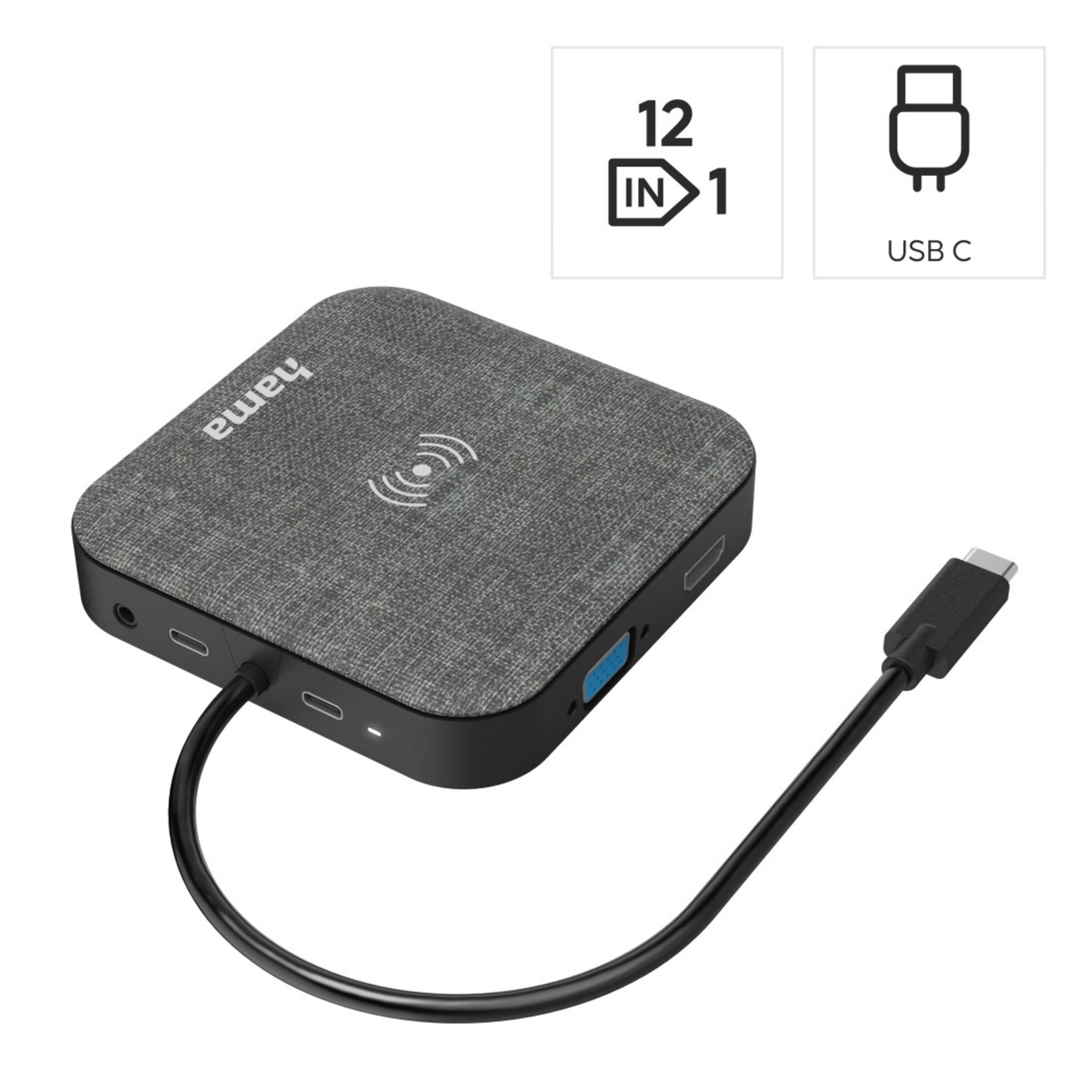 Un hub USB-C multiport grigio con cavo e icone di dispositivi collegati.