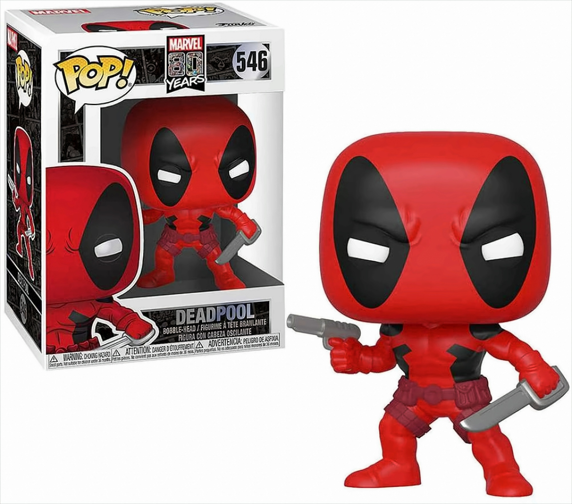 Deadpool-Figur mit Waffen. Box mit Deadpool-Bild. Weißer Hintergrund. Marvel 80 Jahre.