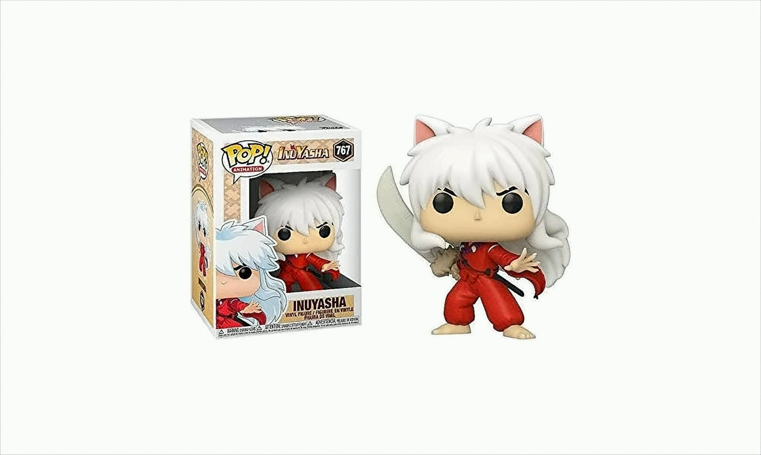 Funko Pop Inuyasha-Figur mit Verpackung. Die Figur ist rot und weiß mit einem Schwert.