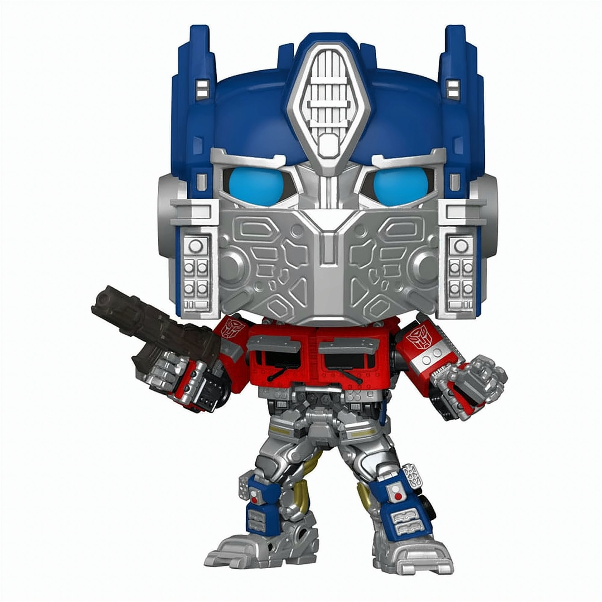 Optimus Prime Spielfigur, blauer und silberner Roboter mit schwarzer Waffe, steht auf weißem Hintergrund.