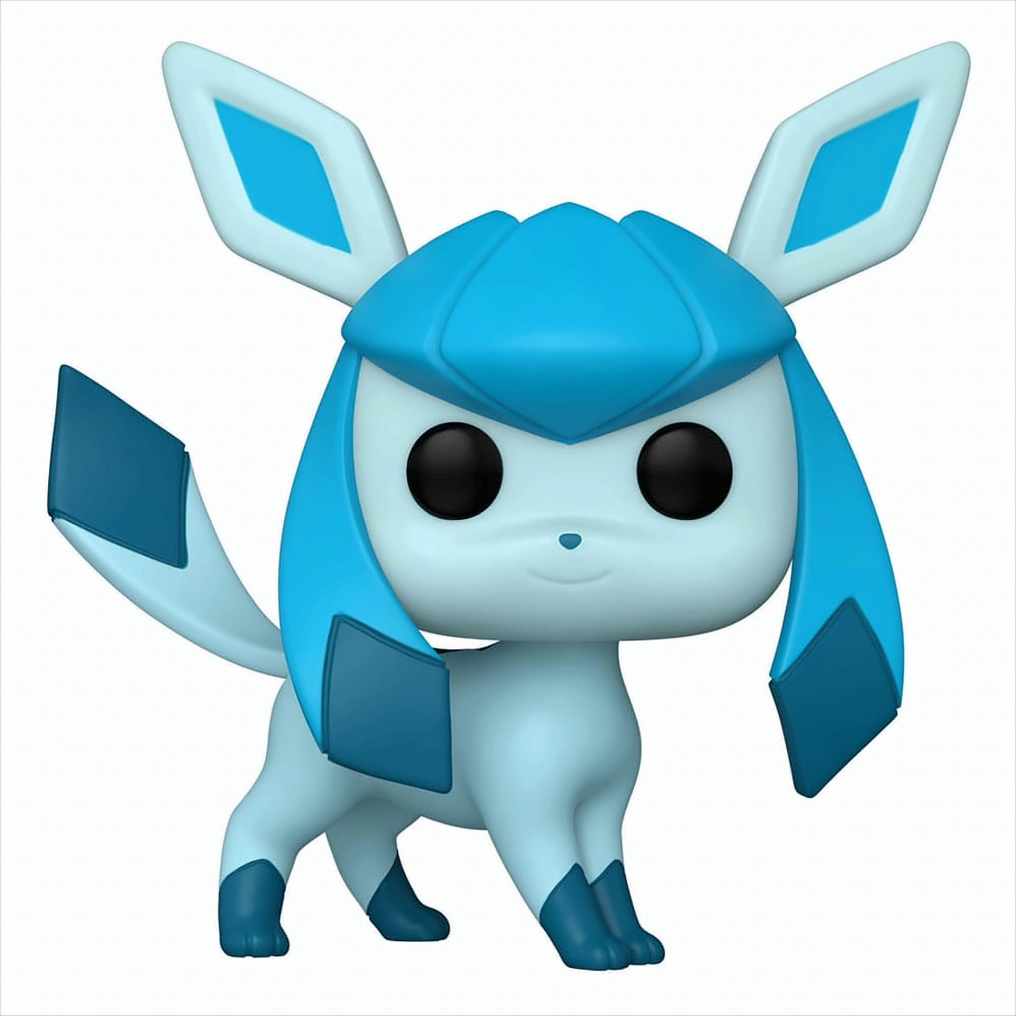 Eine blau-weiße Glaceon Funko Pop-Figur, in stehender Pose auf weißer Oberfläche.