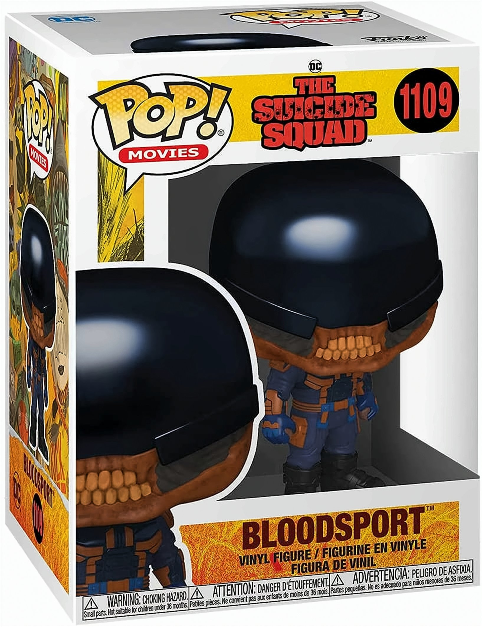 Bloodsport-Figur in einer Box. Die Figur ist ein schwarzhelmiger Charakter mit schädelähnlichem Gesicht.
