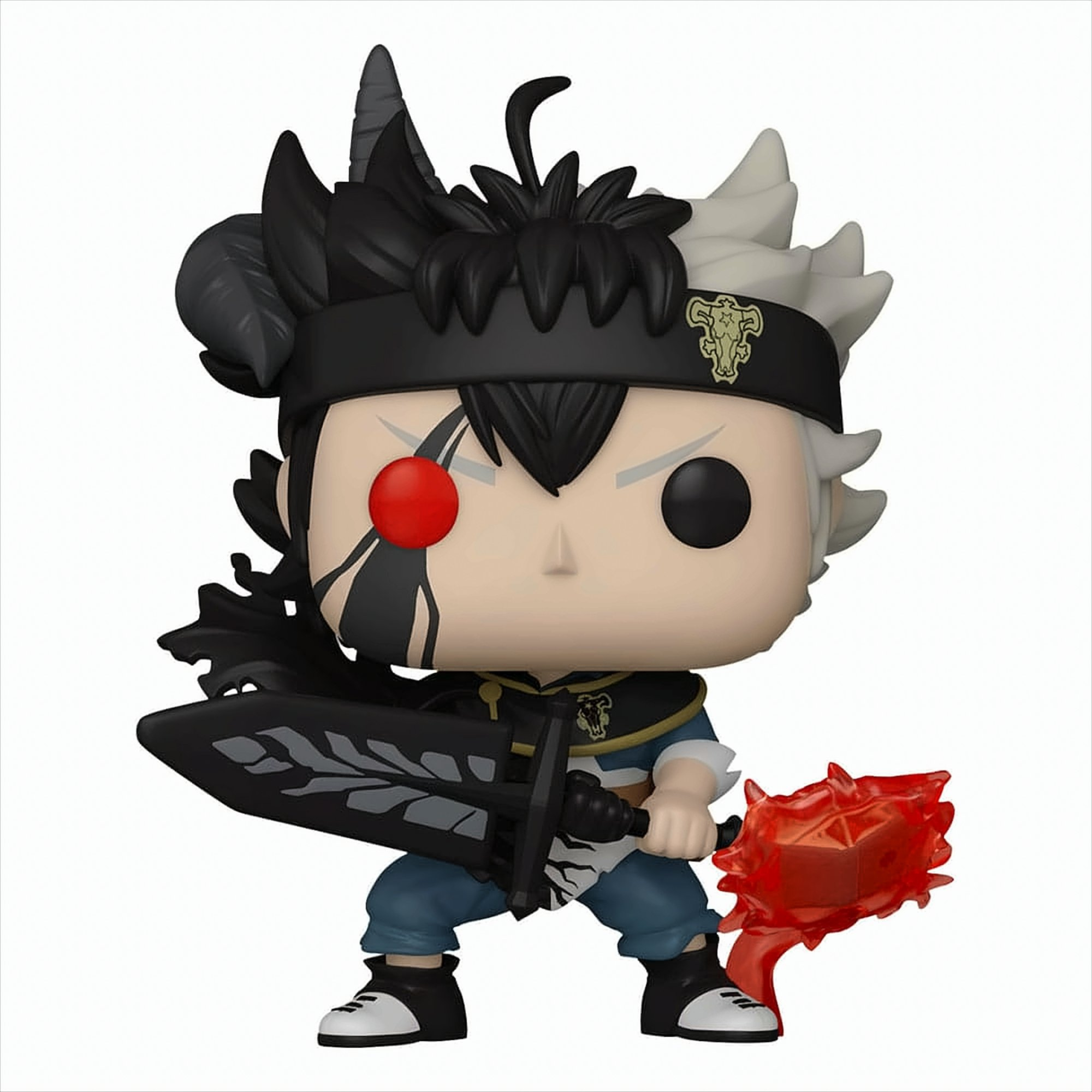 Funko Pop di Asta da Black Clover. Tiene una spada e un oggetto rosso simile a un demone.