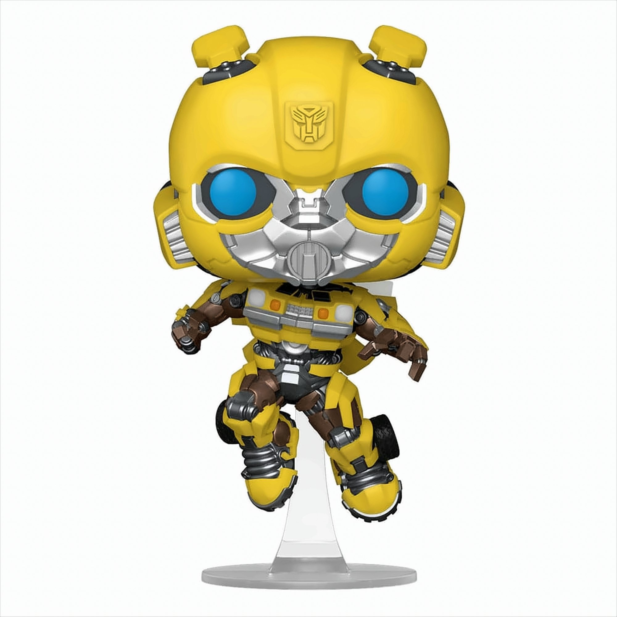 Eine gelbe Bumblebee-Figur. Die Figur steht auf einer durchsichtigen Basis. Die Augen sind blau.