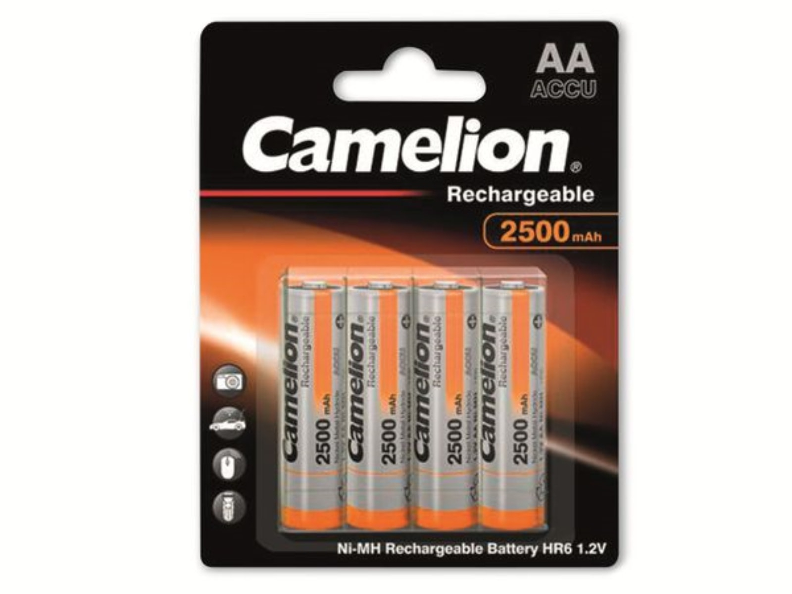 Confezione da quattro batterie ricaricabili AA, arancioni e grigie, con etichetta Camelion, su sfondo bianco.
