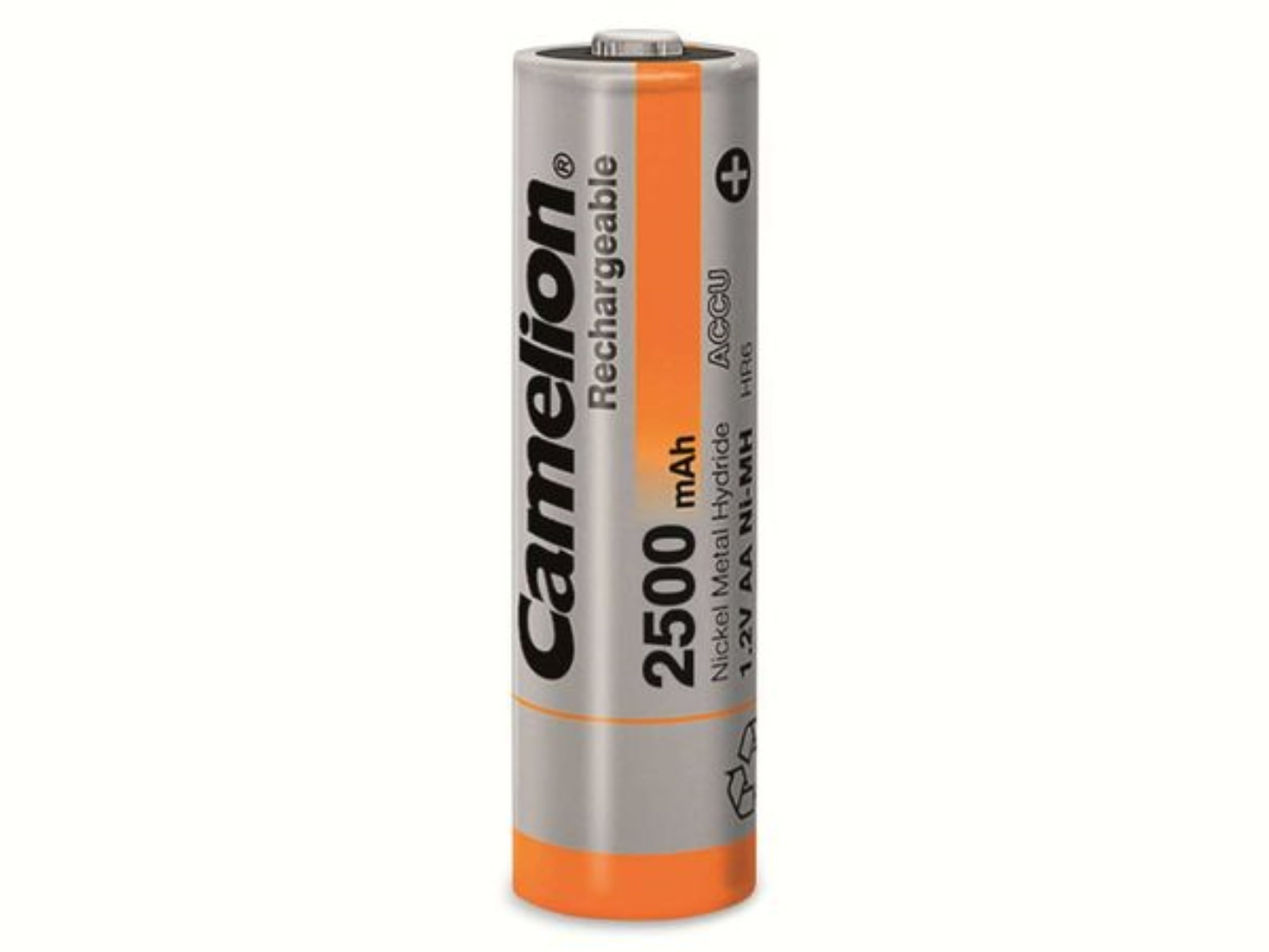 Una singola batteria AA ricaricabile etichettata Camelion, con 2500 mAh e dettagli arancioni.