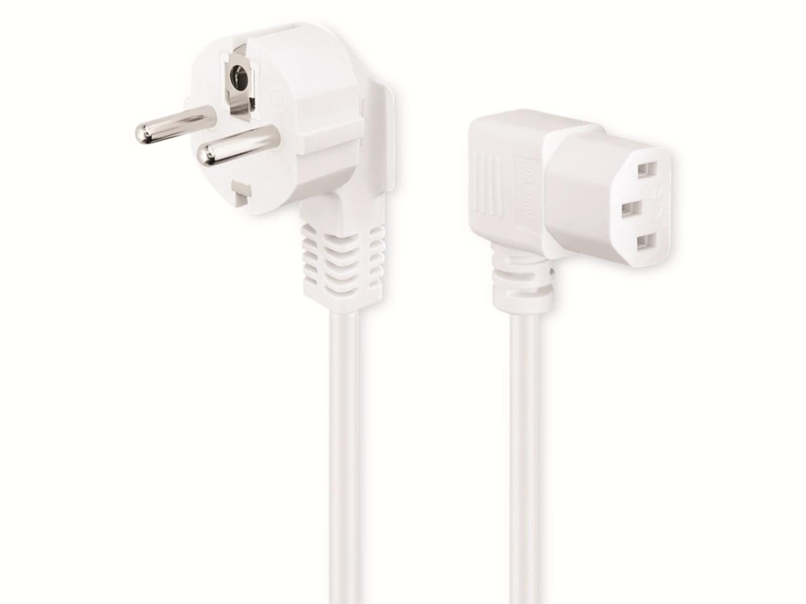 Biały kabel zasilający z wtyczką europejską i złączem C13 na białym tle.