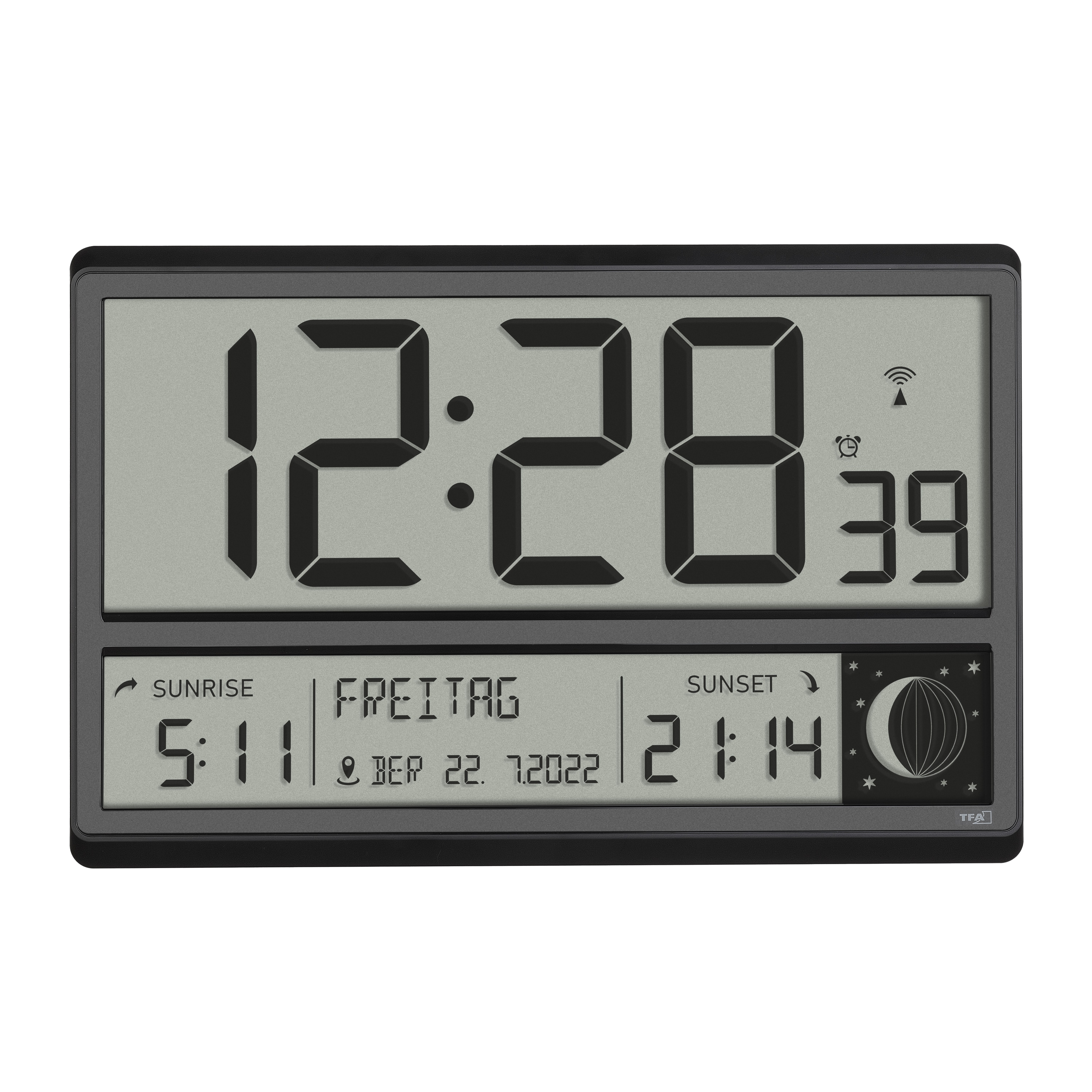 Orologio digitale mostra 12:28, venerdì 22.07.2022, 5:11 alba, 21:14 tramonto.