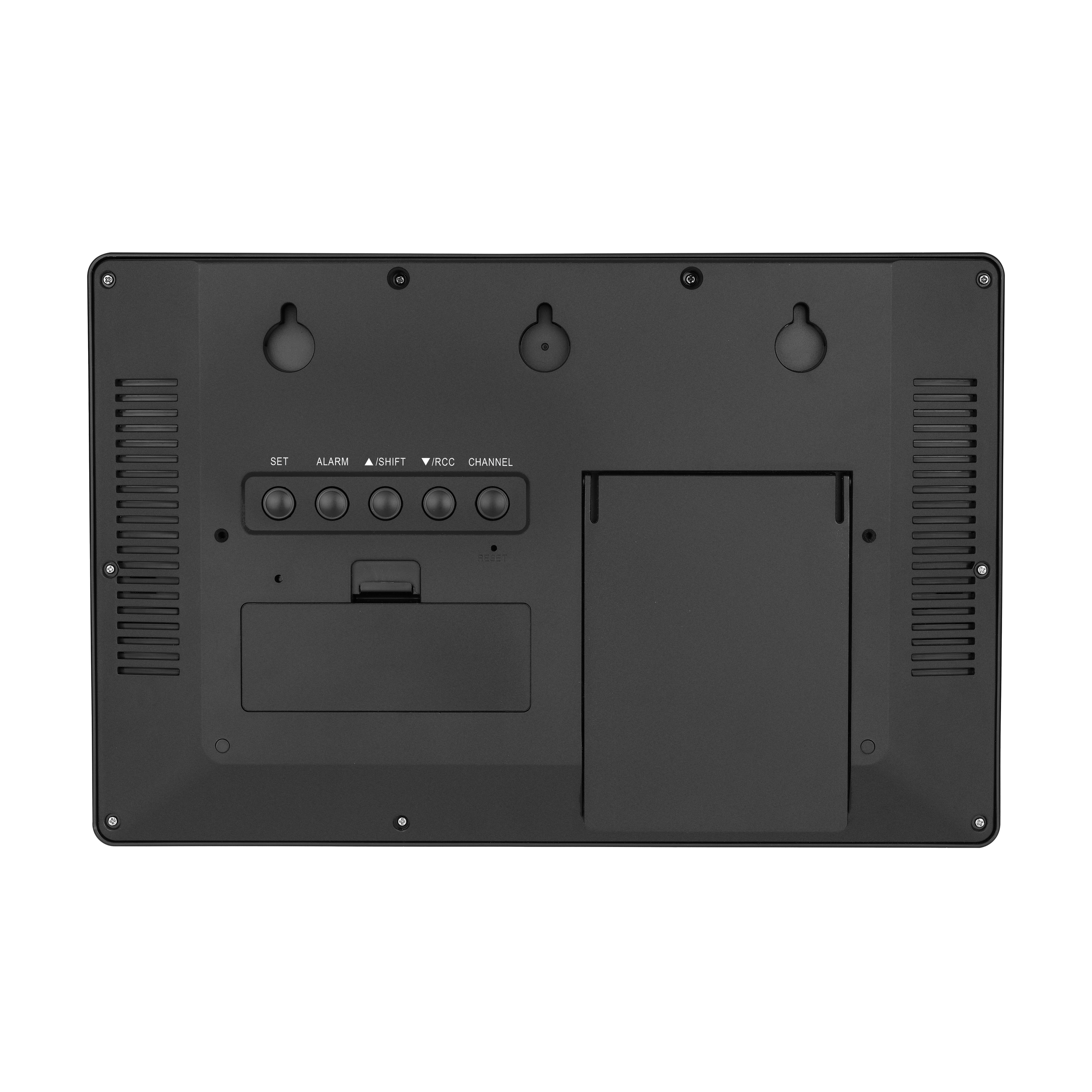 Retro di un dispositivo digitale nero con pulsanti e prese d'aria.
