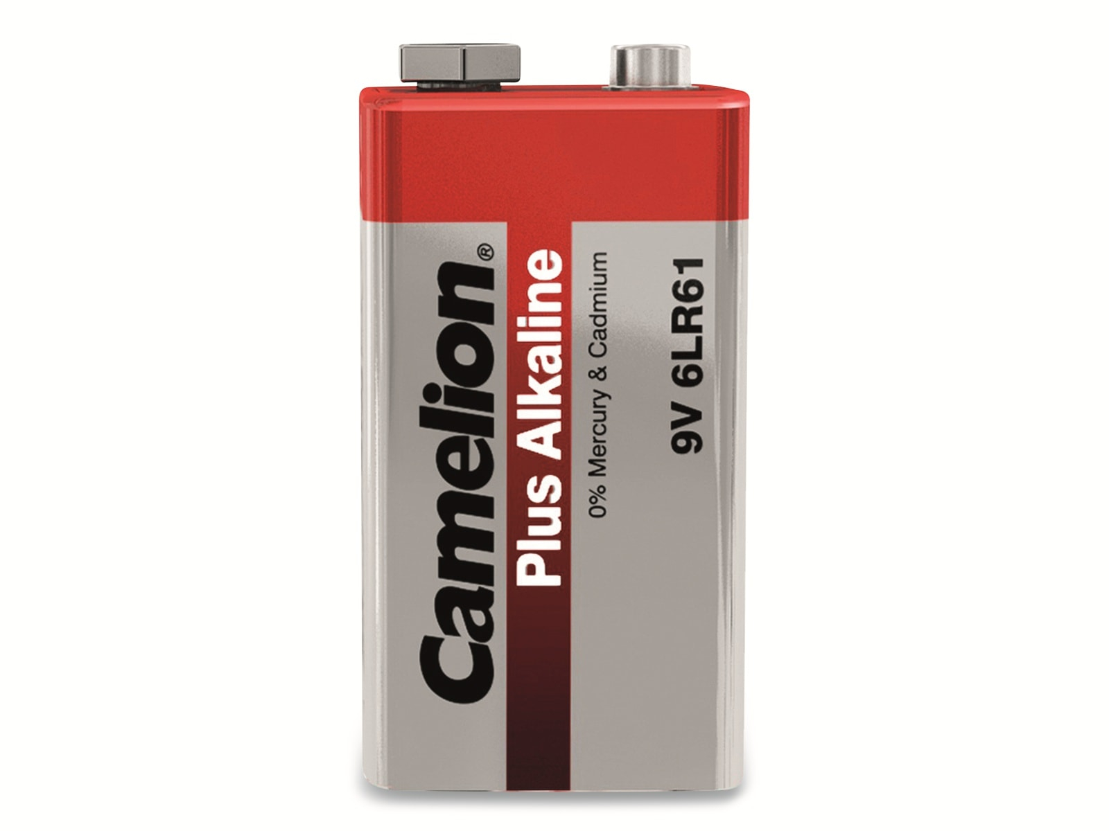 Batteria alcalina Camelion 9V. Rosso e argento. Sfondo bianco. 0% Mercurio e Cadmio stampato.