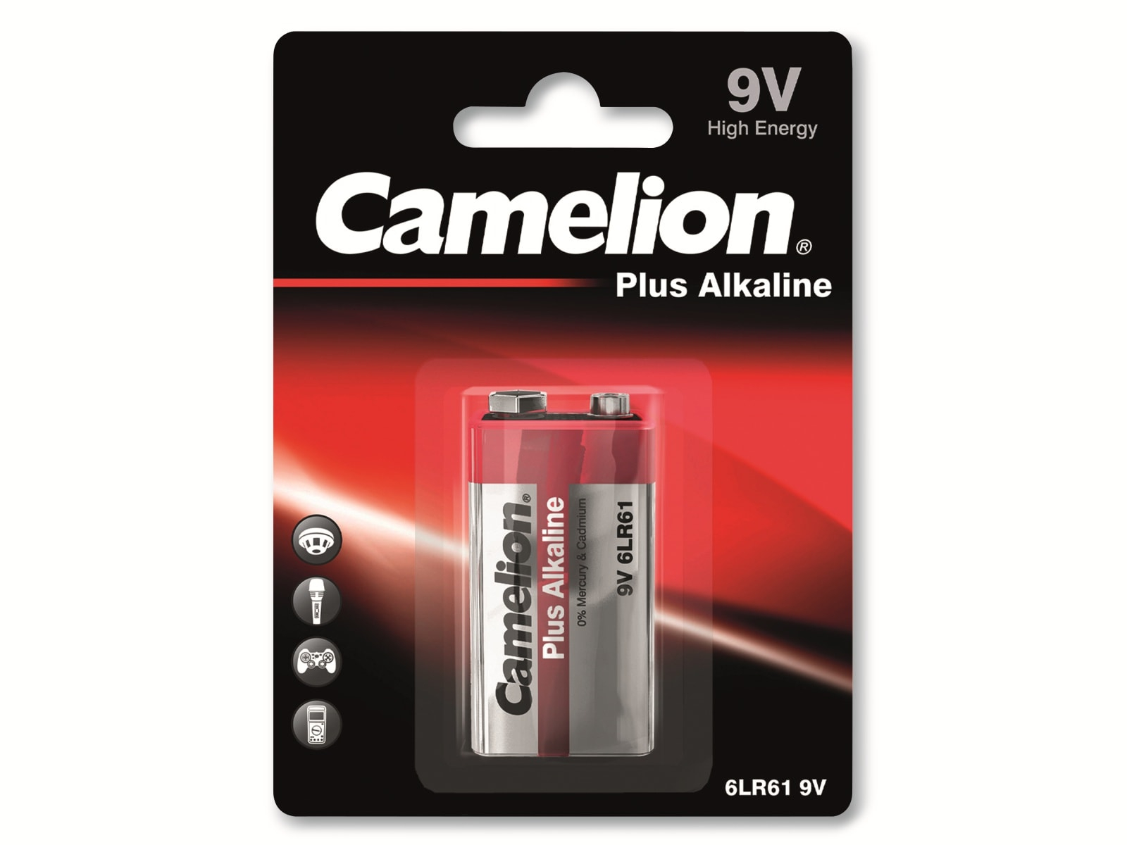 Batteria Camelion 9V in confezione nera e rossa. Icone dispositivi sul fronte, sfondo bianco.