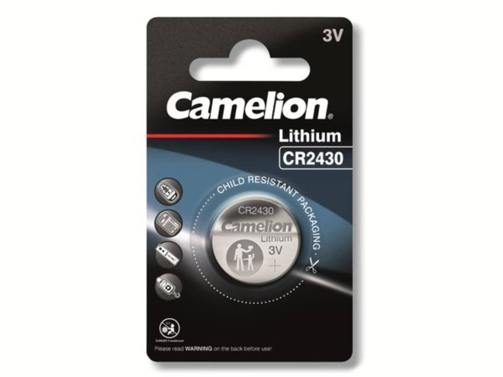 Confezione batteria nera e grigia con una batteria Camelion Lithium CR2430. Sfondo bianco.