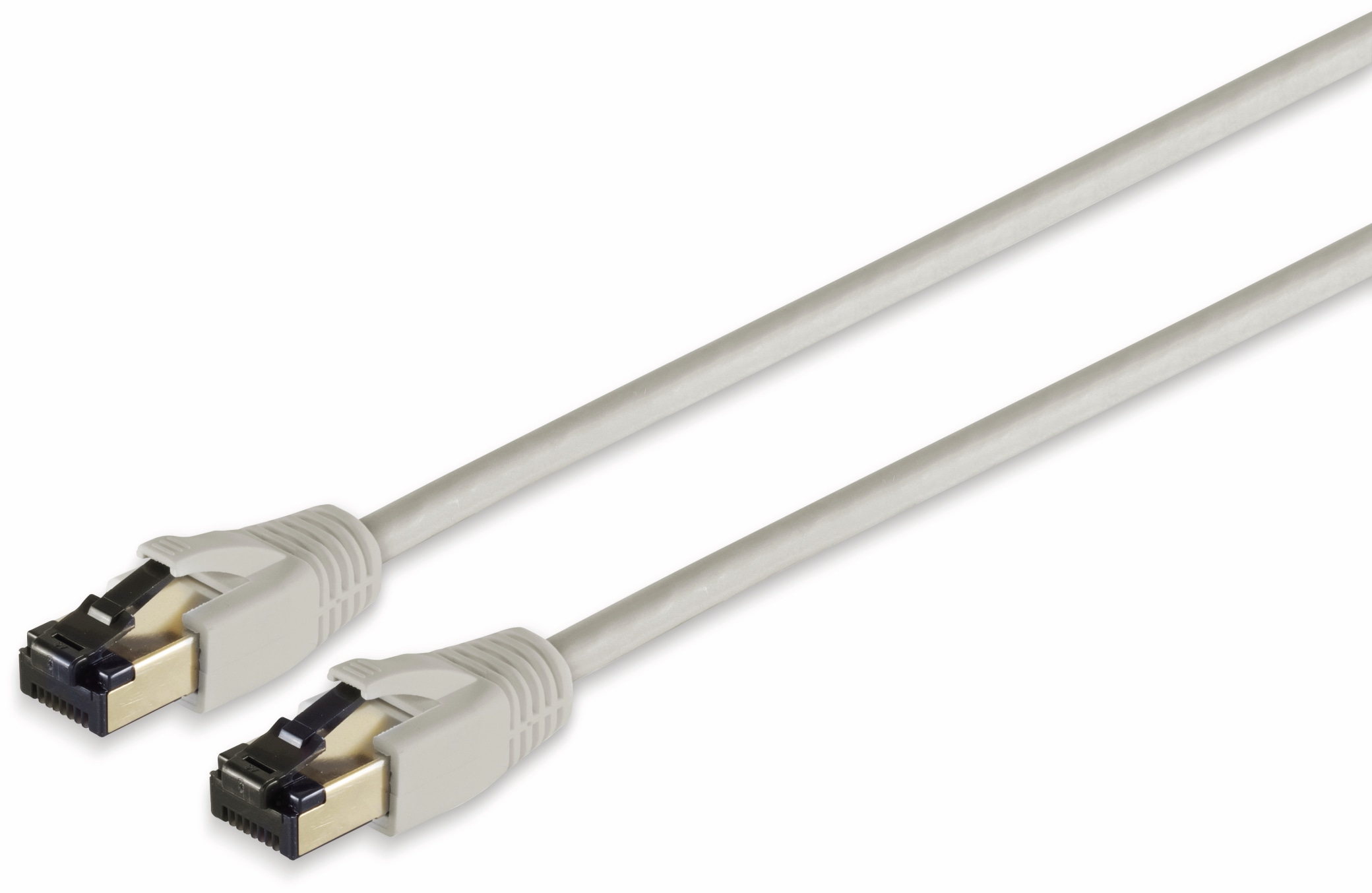 Zwei graue Ethernet-Kabel, jedes mit Anschlüssen. Kabel sind gerade und parallel, auf weißem Hintergrund.
