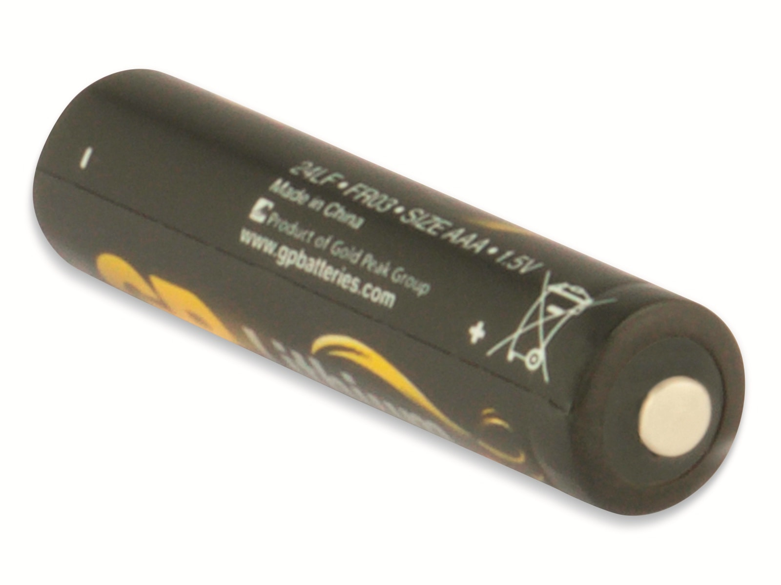 Schwarze AAA-Batterie mit weißem Etikett und Text. Die Batterie ist zylindrisch und auf weißem Hintergrund.