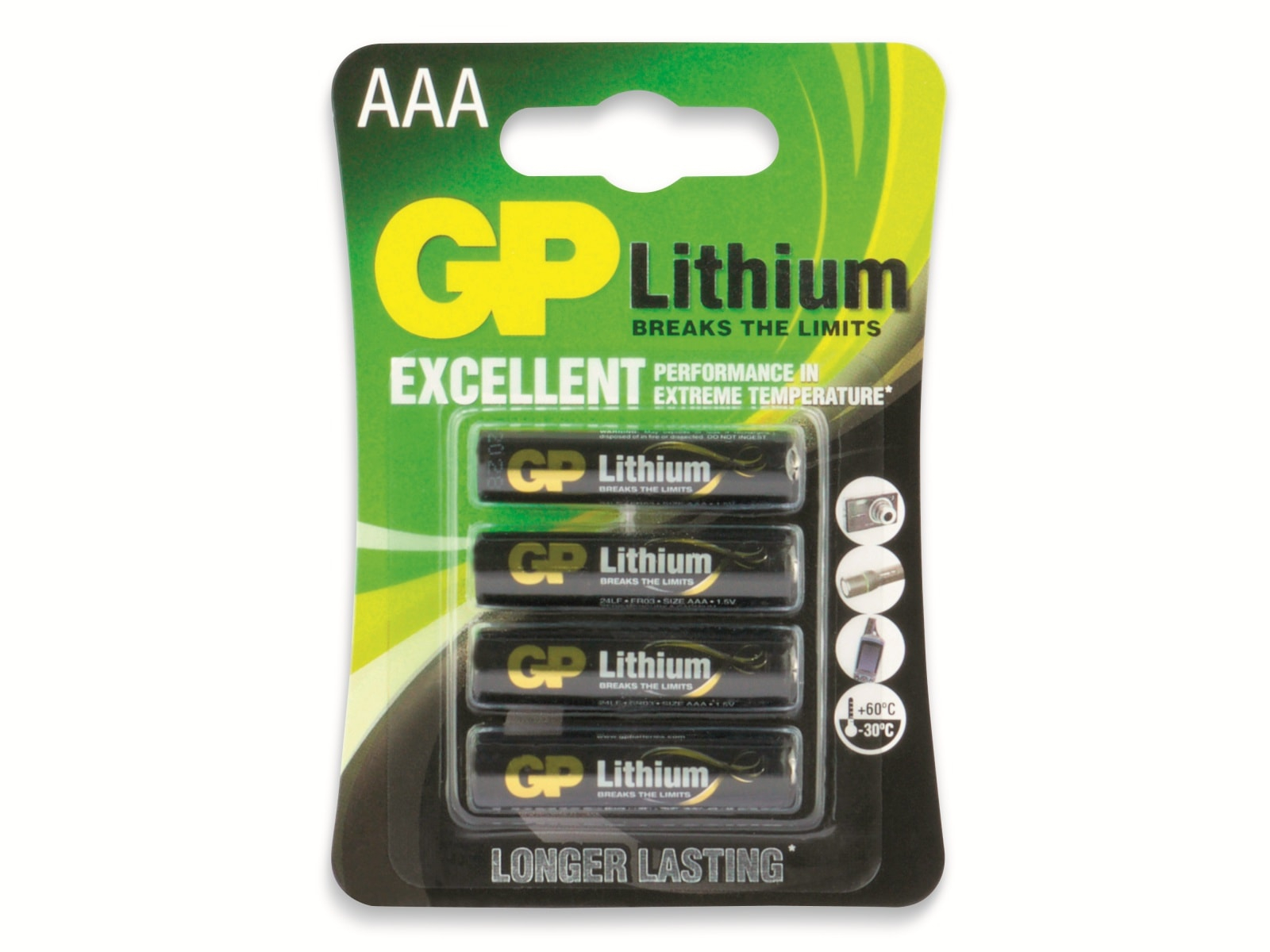 Eine Packung mit vier GP Lithium AAA Batterien in einer grün-weißen Karte.