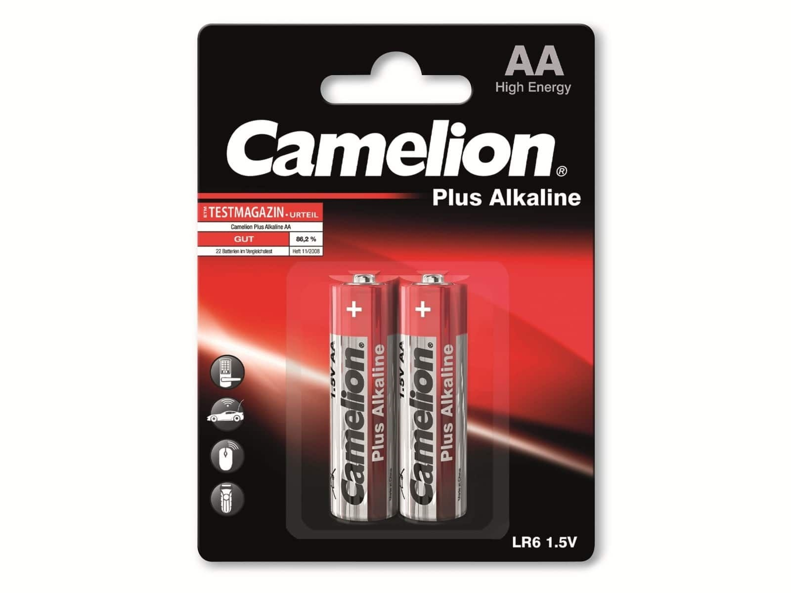 Due batterie AA in confezione nera e rossa. Sfondo bianco. Recensione rivista test sulla confezione.