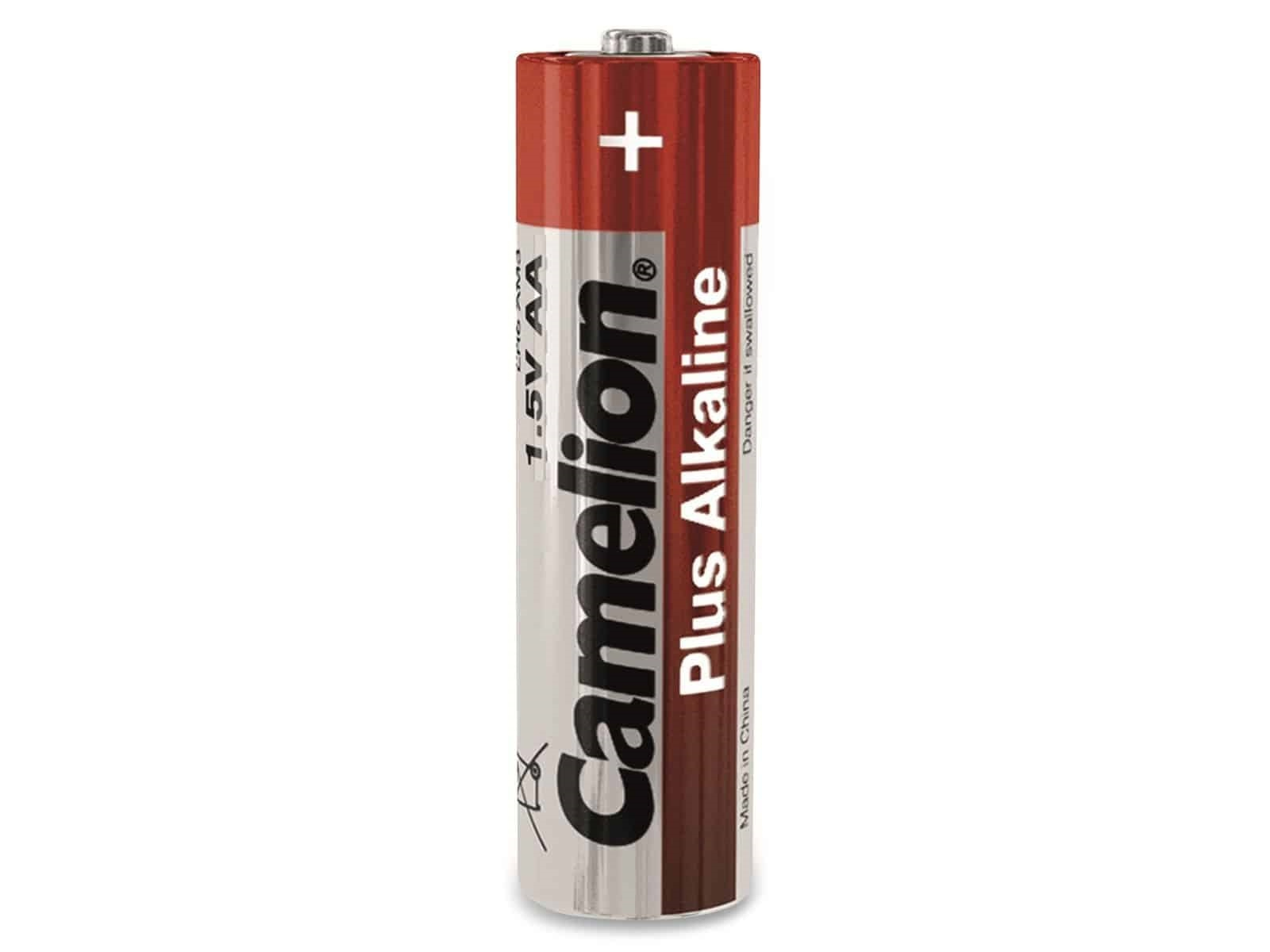 Singola batteria AA, argento con parte superiore rossa. Testo: Camelion Plus Alkaline. Bianco.