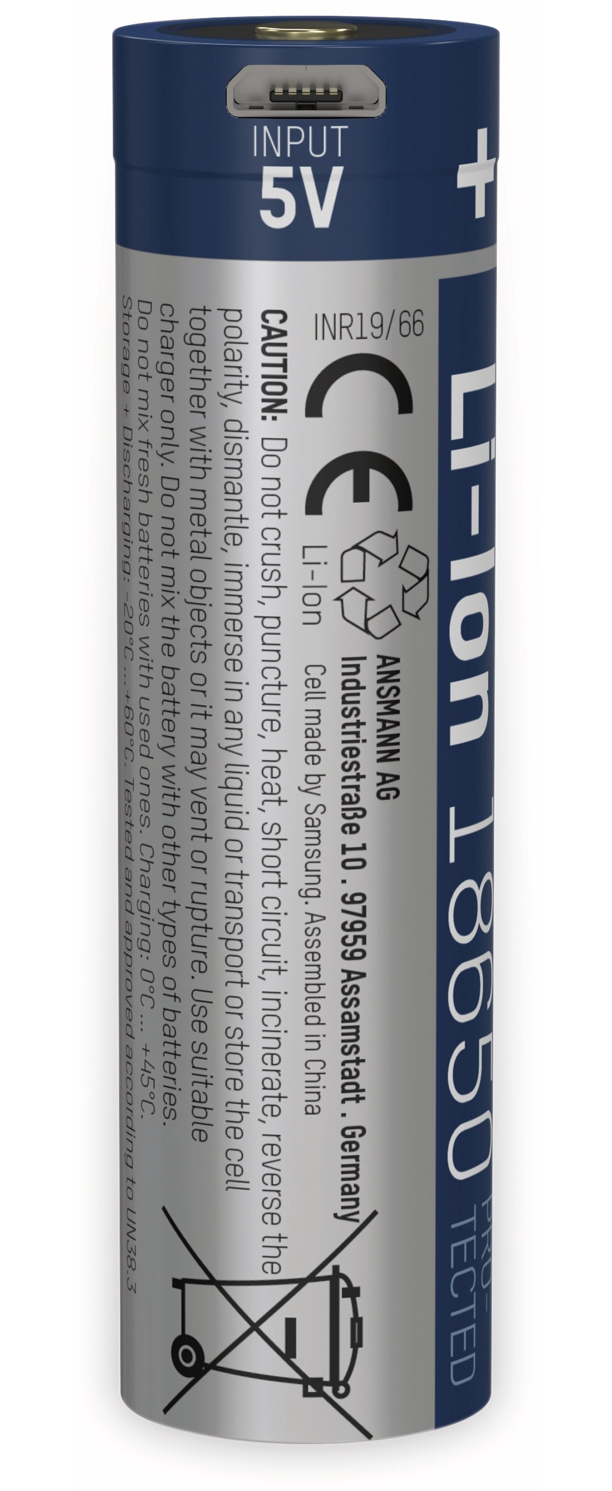 Een blauwe cilindrische batterij met witte tekst en een zwart symbool.