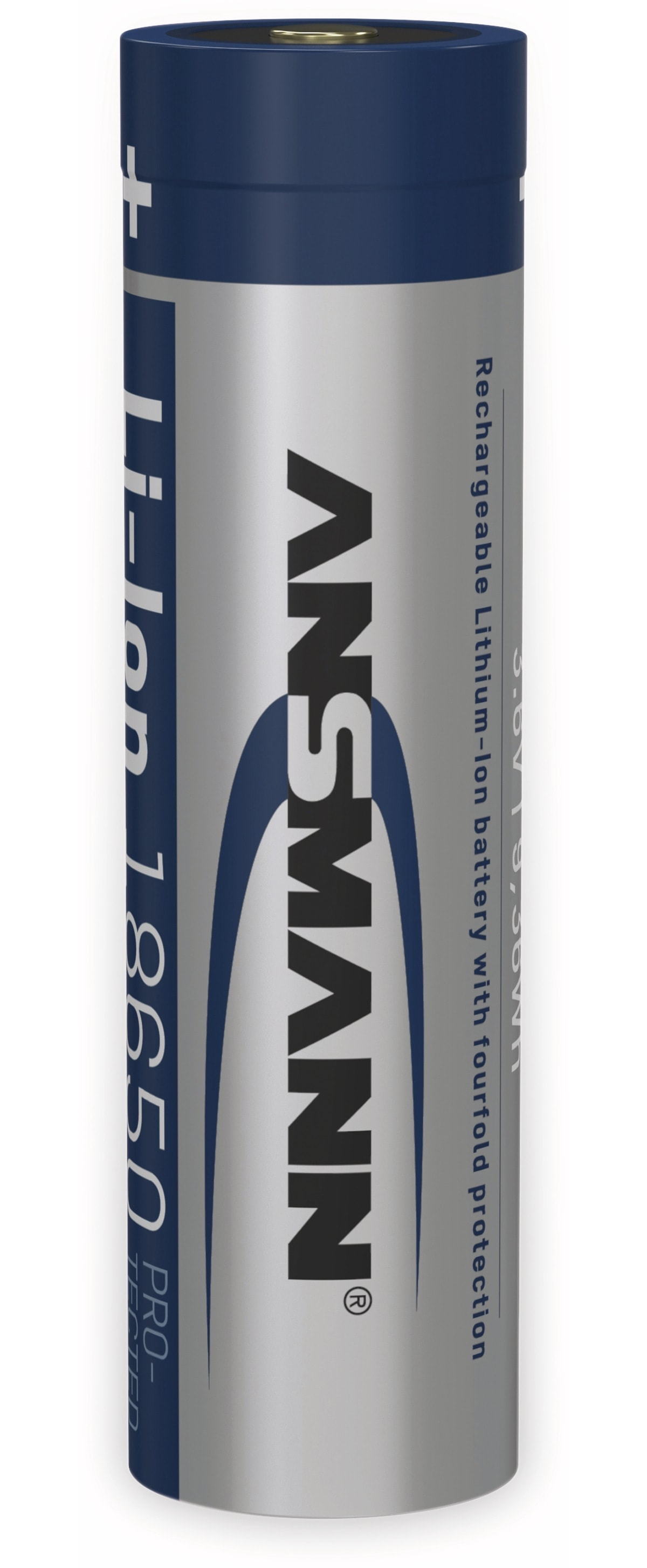 Zilveren en blauwe cilindrische batterij met tekst.
