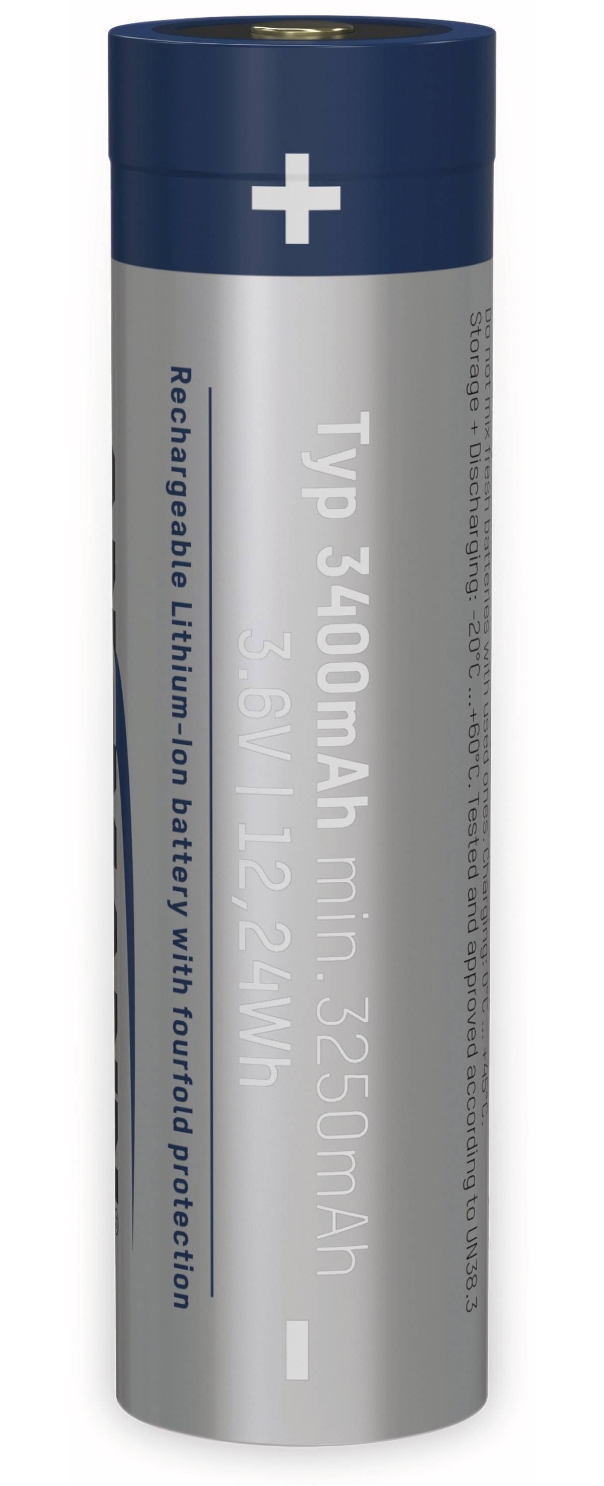 Oplaadbare lithium-ion batterij met tekst. Zilver en blauw. Witte achtergrond.