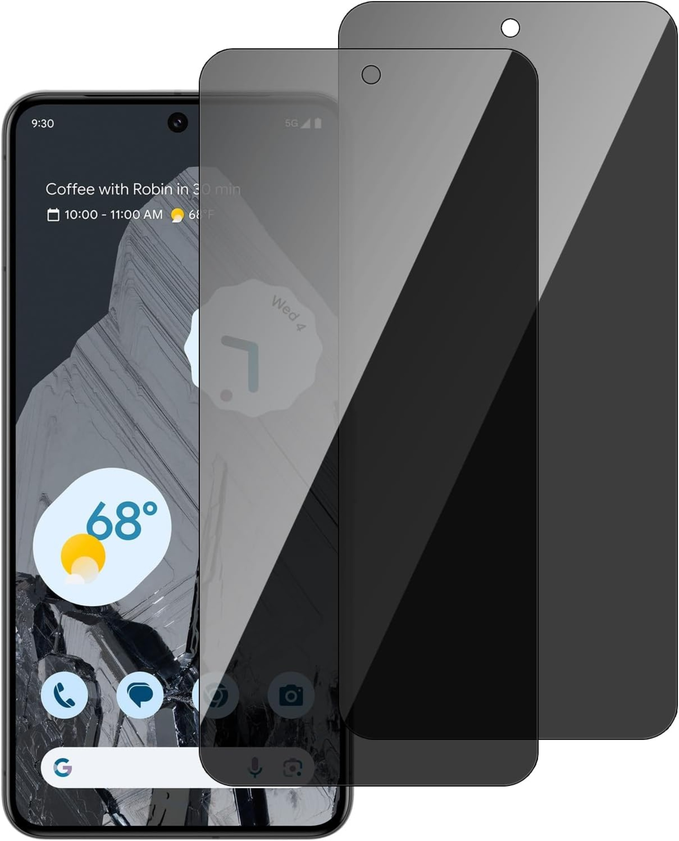 Telefon mit Displayschutzfolien. Telefon zeigt Meeting-Infos und Wetter an. Schutzfolien sind schwarz und transparent.