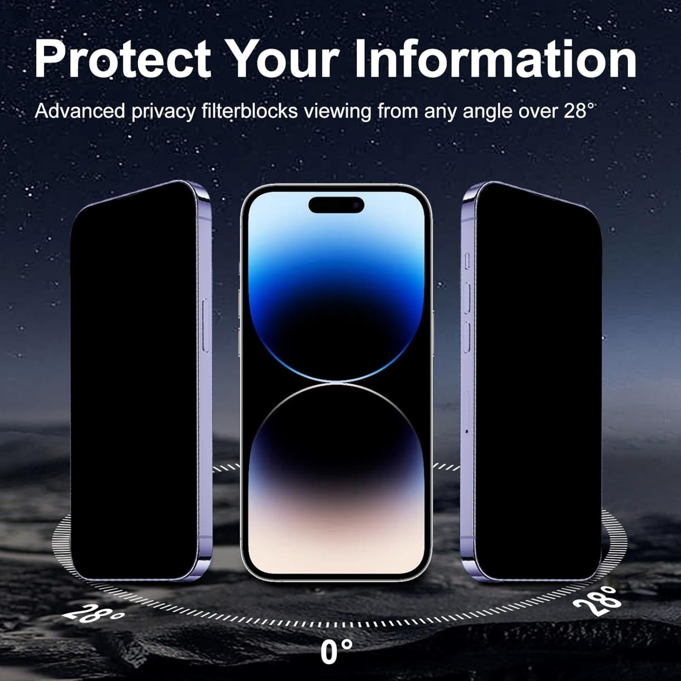 Drei Telefone mit Sichtschutz. Text-Overlay: 'Schützen Sie Ihre Informationen'.