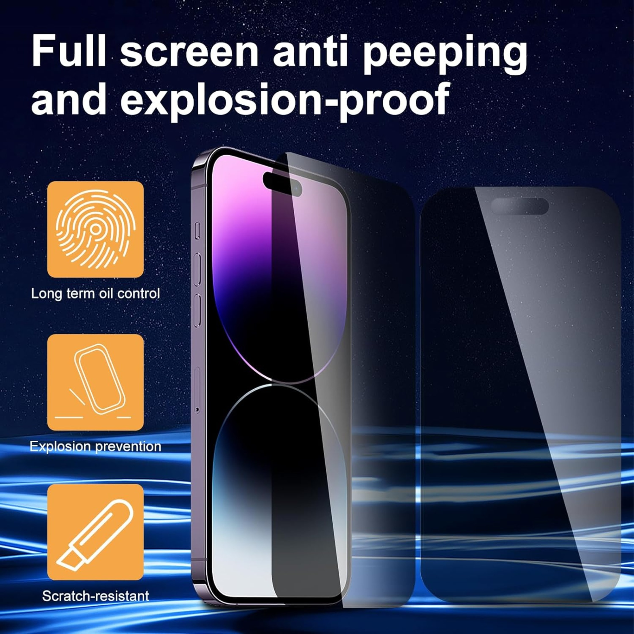 Smartphone mit angebrachtem Displayschutz, der Funktionen zeigt: Ölkontrolle, Explosionsschutz und Kratzfestigkeit.