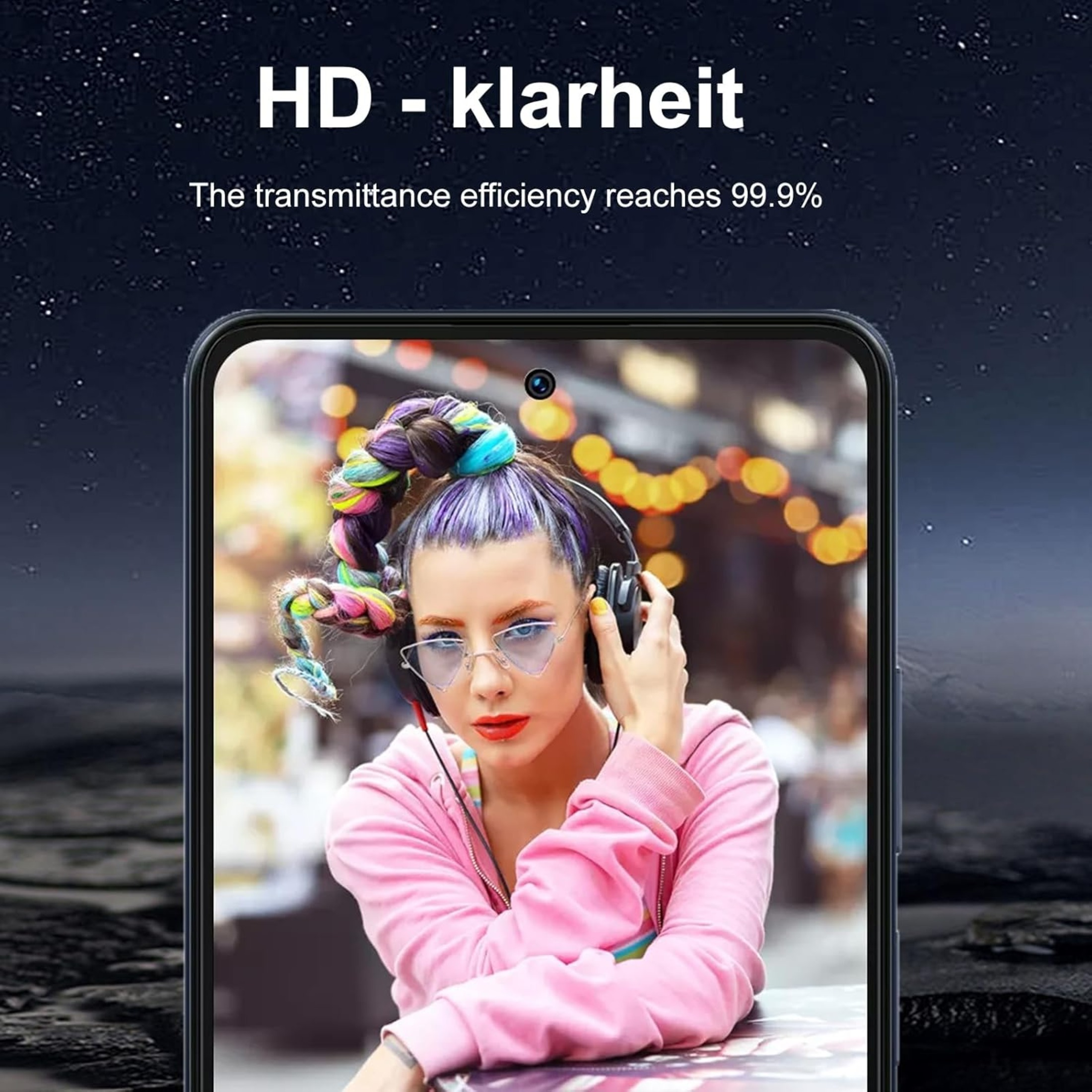 Ein Telefonbildschirm, der eine Frau mit Kopfhörern und bunten Haaren zeigt, mit Text darüber.