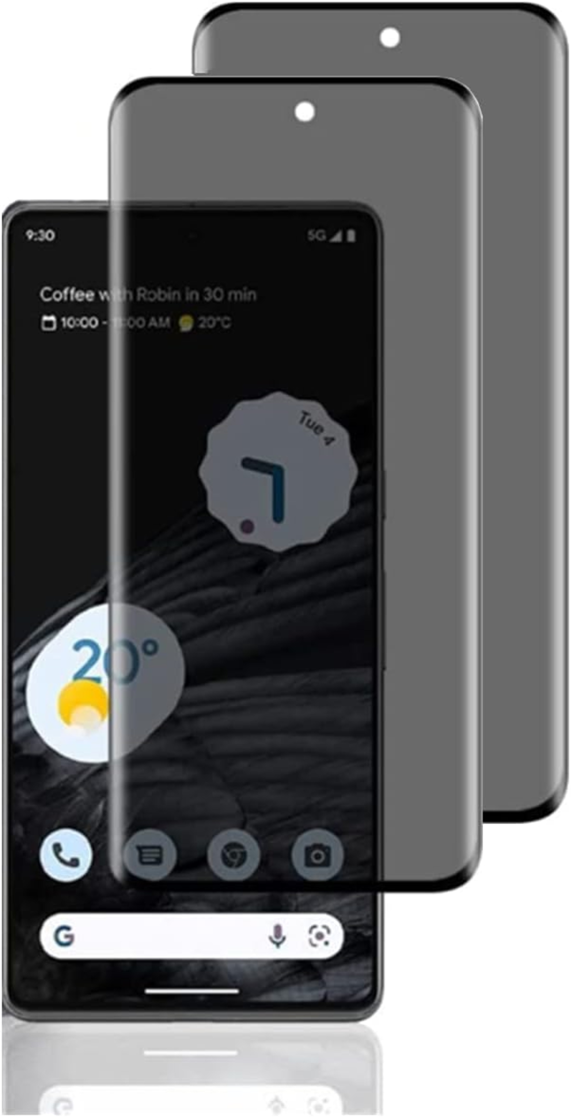 Smartphone mit Displayschutz, zeigt Uhrzeit, Wetter und Apps.