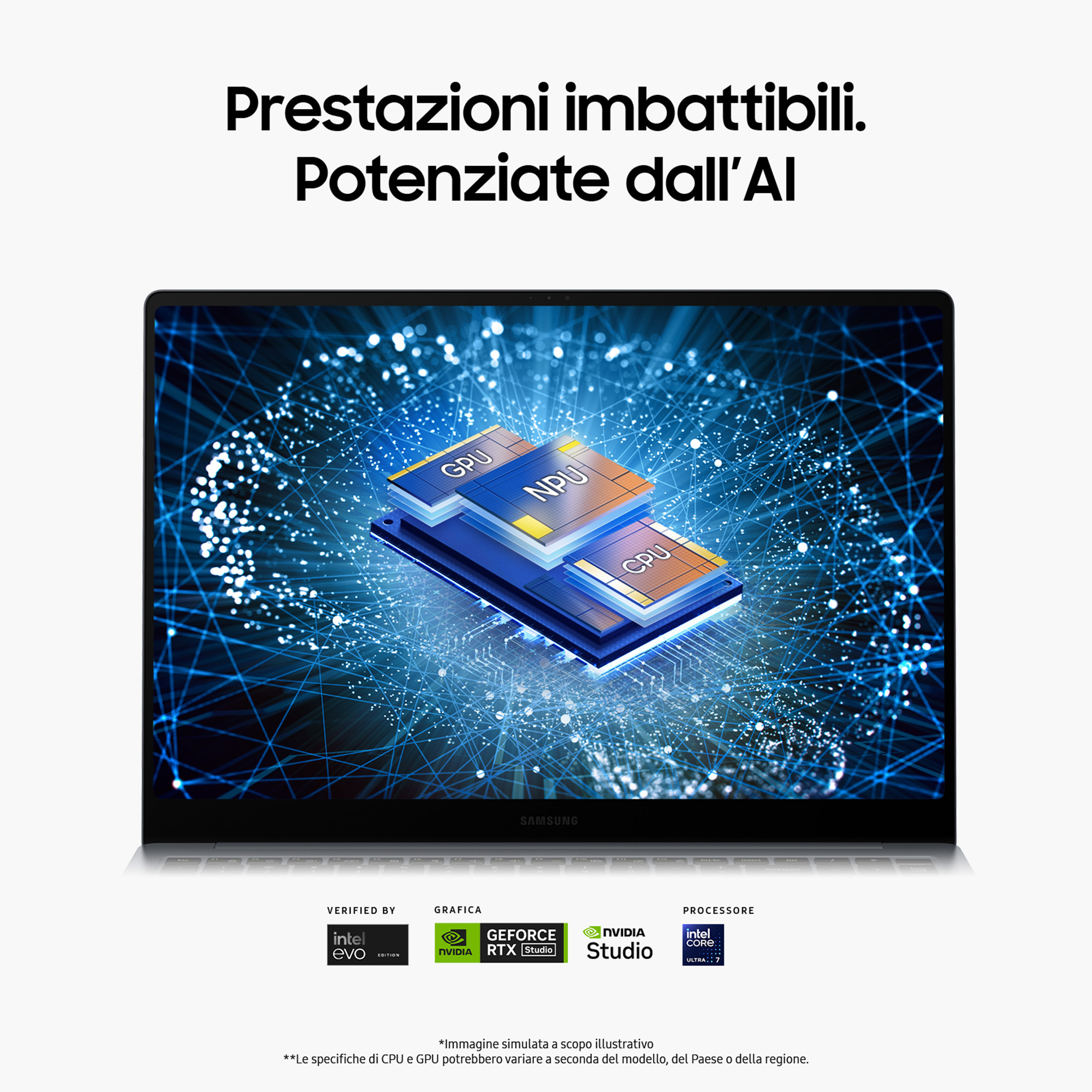 Schermo di laptop con sfondo blu e design del chip del processore, con elementi di branding.