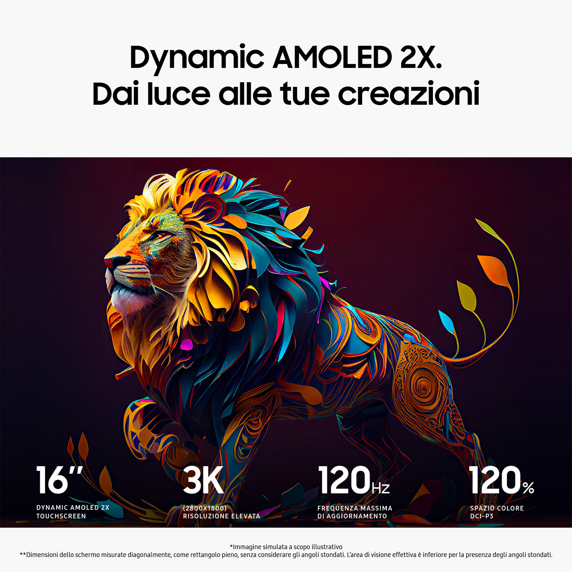 Un'illustrazione di leone con sfumature di colore ed elementi di testo: 'Dynamic AMOLED 2X', '16", '3K', '120Hz' e '120% DCI-P3'.