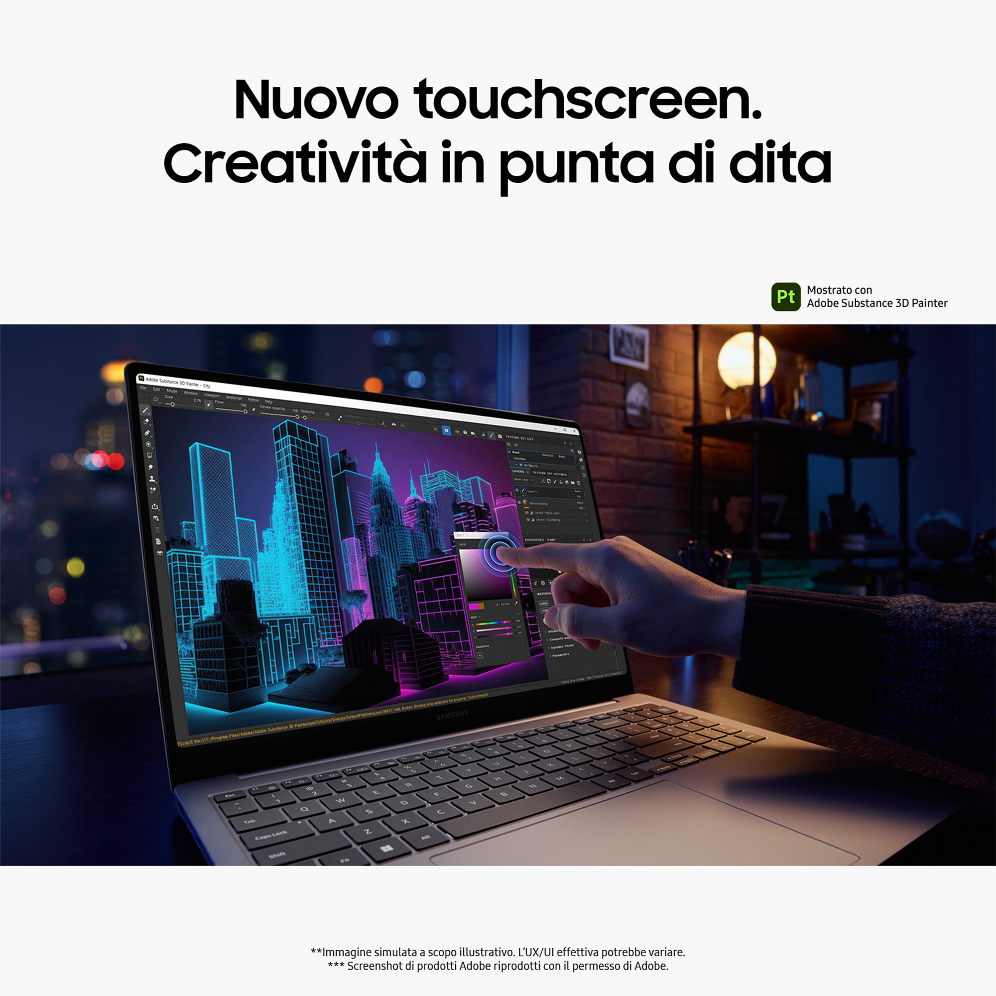 Schermo di un laptop che mostra arte digitale. Una mano usa il touchscreen.
