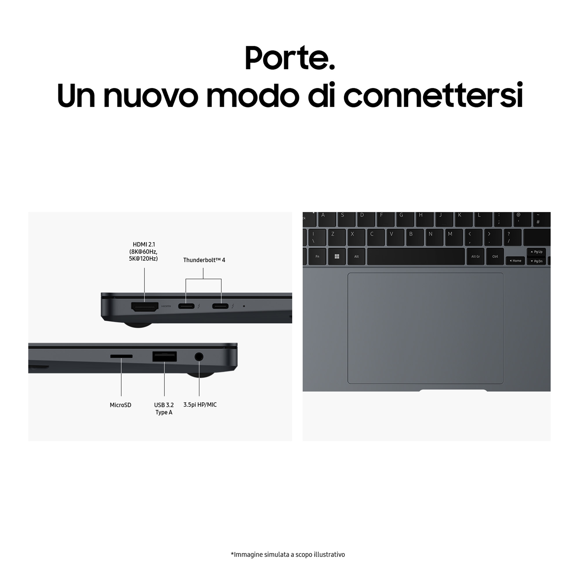 Laptop con porte e tastiera. Testo in italiano. Sfondo bianco.