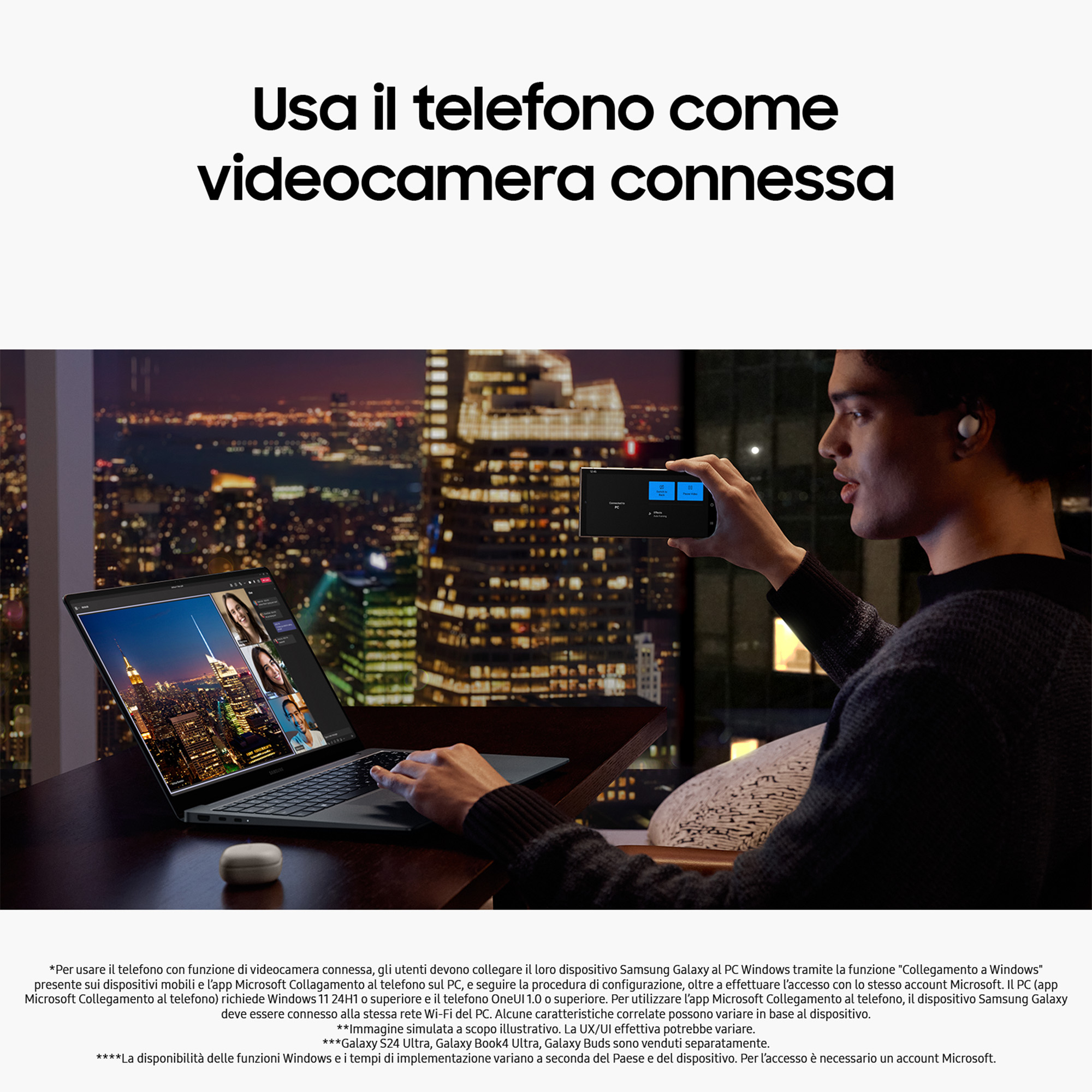 Uomo che usa il telefono come webcam; lo schermo del laptop mostra una videochiamata. Vista notturna sullo sfondo. Testo: Usa il telefono.