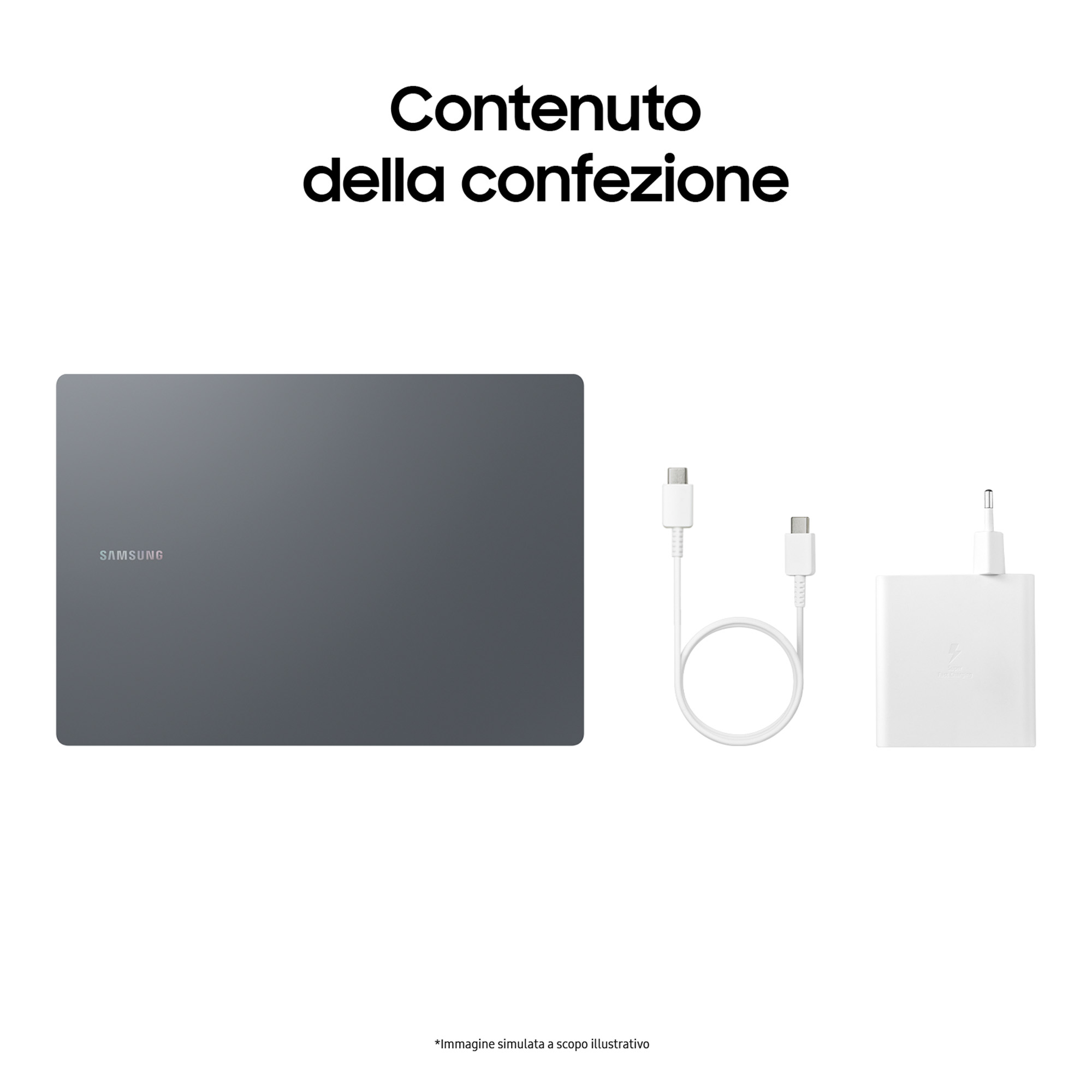 Tablet Samsung, caricabatterie e cavo su sfondo bianco.