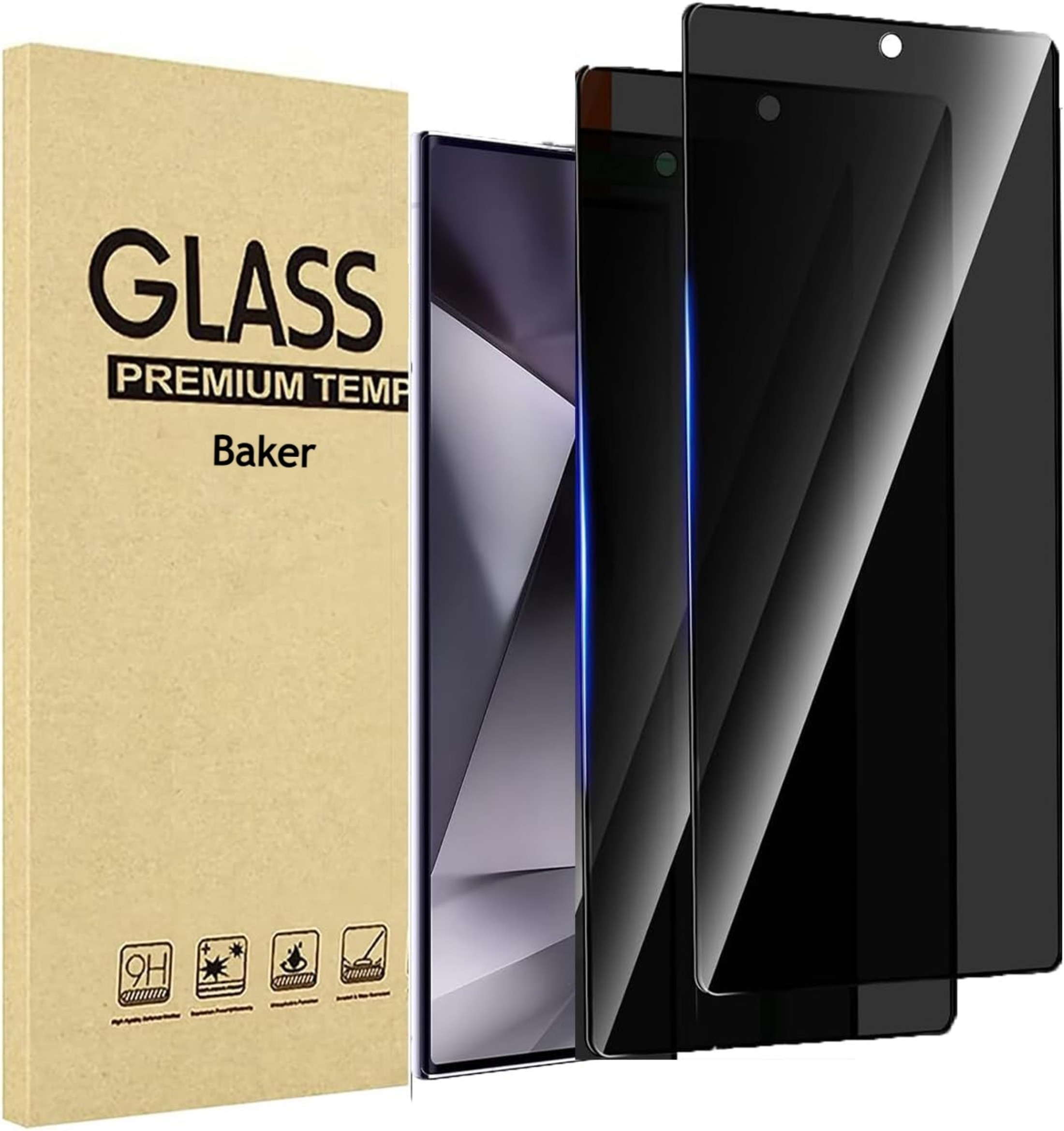 Displayschutzfolienbox und Displayschutzfolie. Schwarzes Telefon. Weißer Hintergrund.