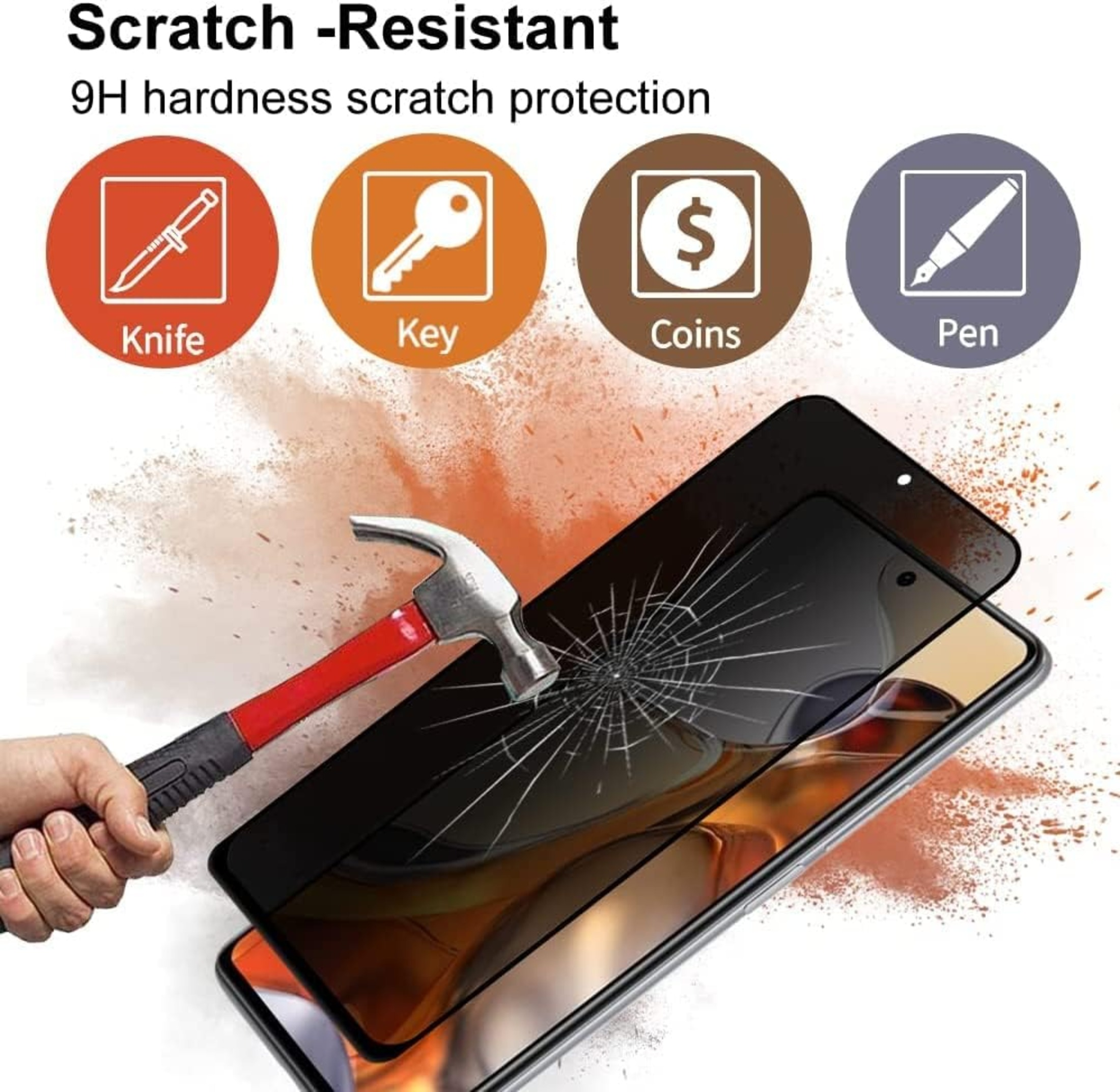 Ein Hammer schlägt auf eine gesprungene Displayschutzfolie über einem Telefon, mit Symbolen und Text.