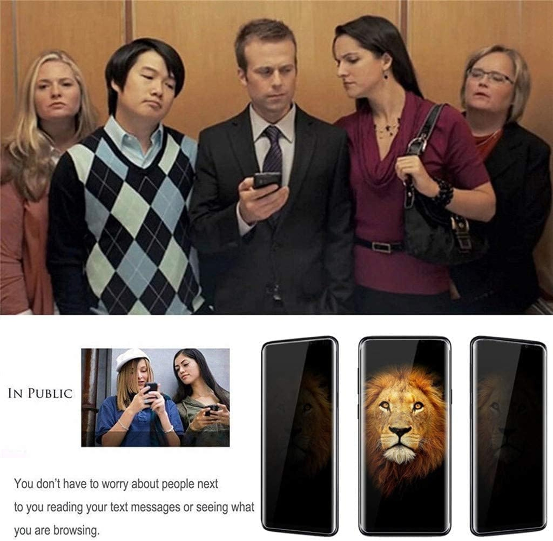 Menschen im Aufzug, einer benutzt ein Telefon. Telefonbilder zeigen einen Löwen. Text über Privatsphäre.