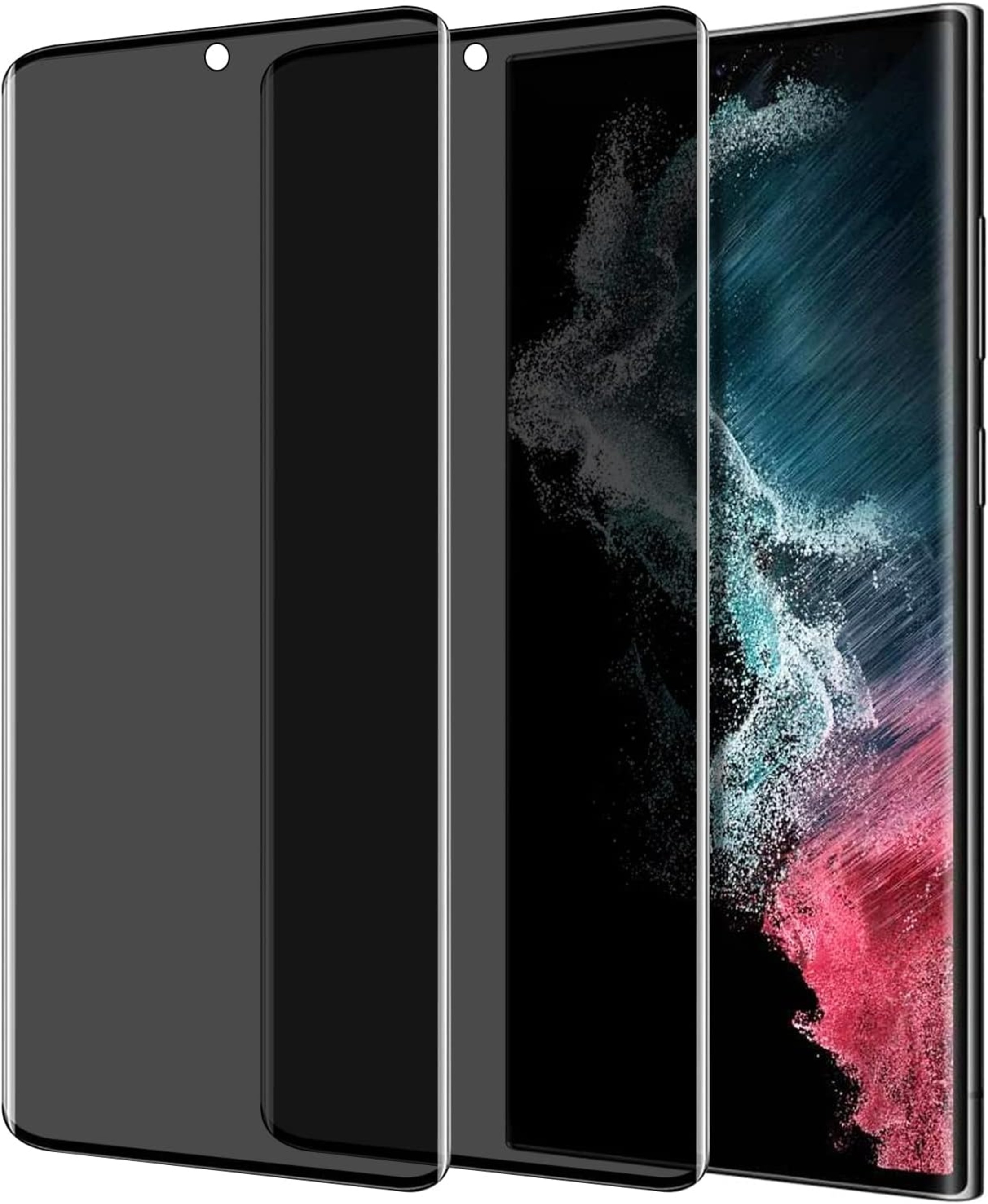 Drei Displayschutzfolien für ein Telefon. Zwei schwarz, eine klar, zeigt das Telefon dahinter. Weißer Hintergrund.